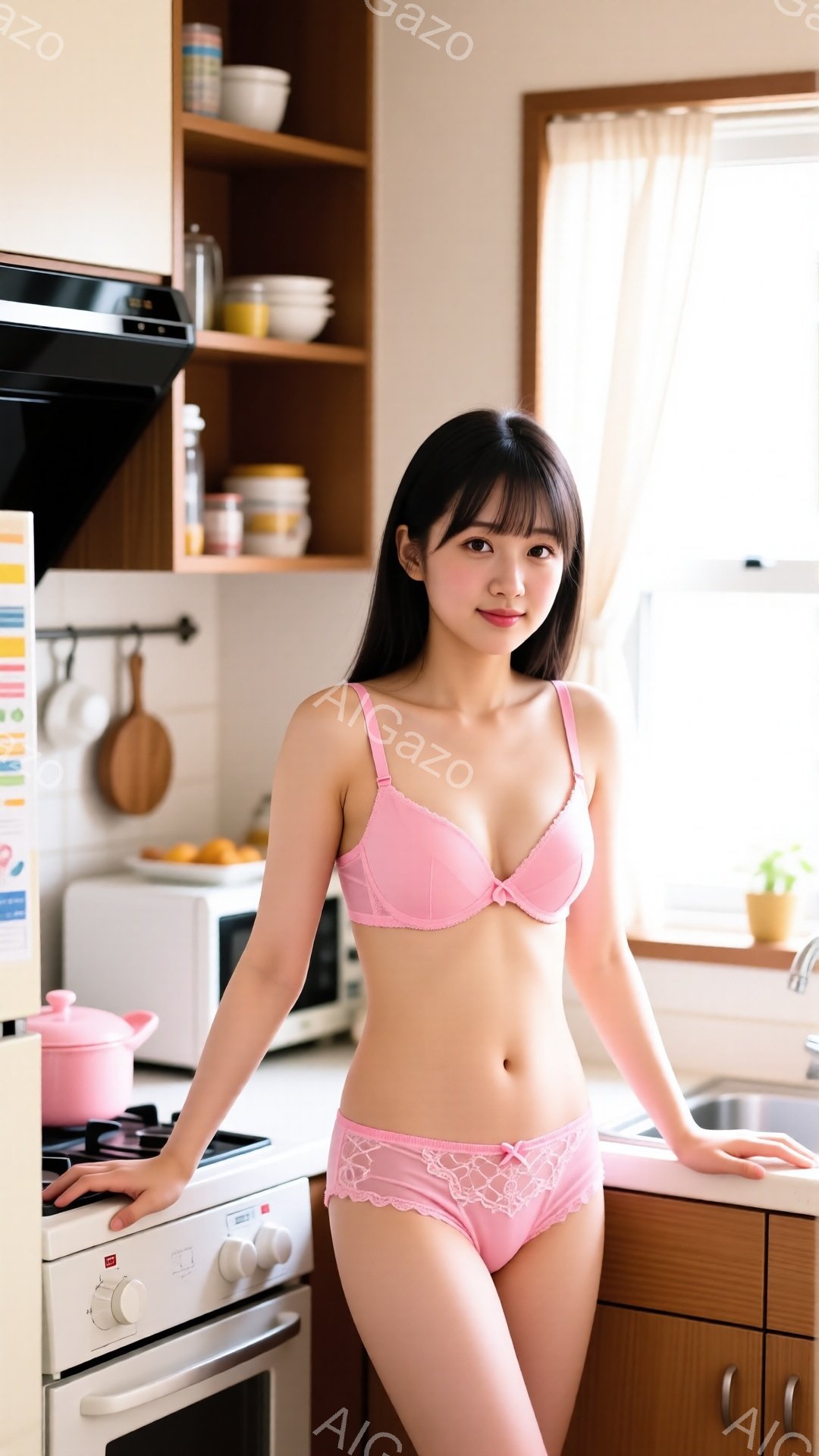 ピンク色のブラジャーとショーツを身につけた若い女性が、キッチンに立っています。彼女は肩までの長さの茶色の髪を持ち、少し微笑んでいます。背景には調理器具や食器棚が見え、明るく清潔な家庭的な雰囲気です。 - AI生成フリー素材