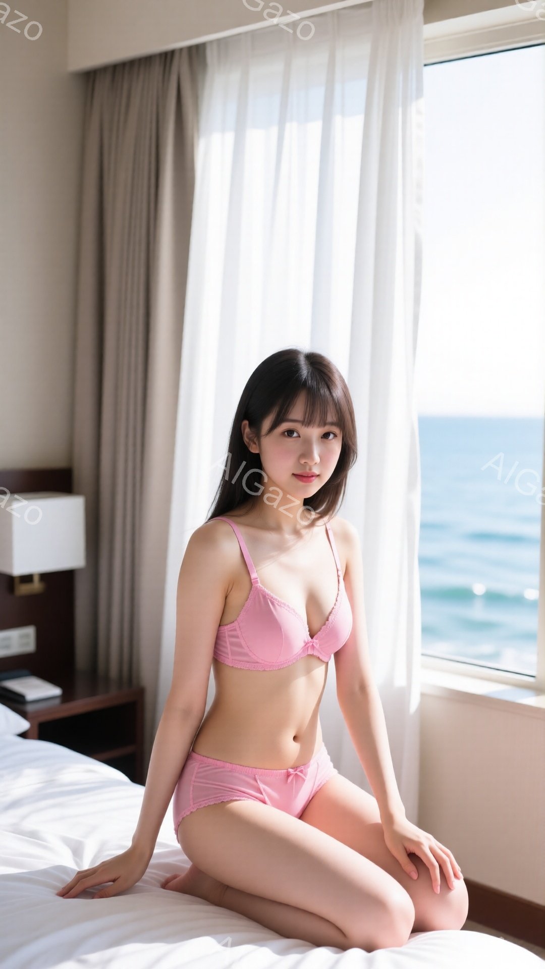 黒髪の長い女性がピンク色のランジェリーを着て白いベッドに座っています。彼女は穏やかな表情でカメラを見ており、膝を少し曲げて座っています。背景には青い海が見える窓があり、白いカーテンが光を取り込んで、明るく開放的な雰囲気を醸し出しています。