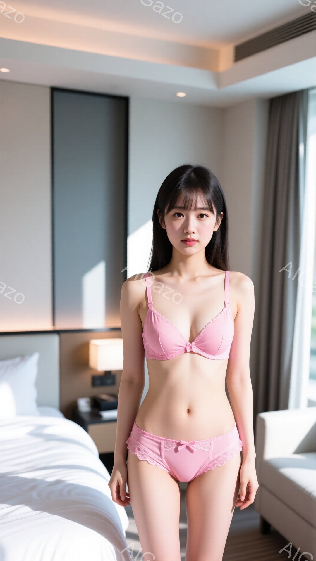 若い女性が薄いピンク色のブラとショーツのセットを身に着けて立っています。彼女は黒髪で前髪が目にかかるヘアスタイルで、やや無表情でカメラを見ています。背景は明るい日差しが差し込むホテルの部屋で、ベッドとソファが置かれています。