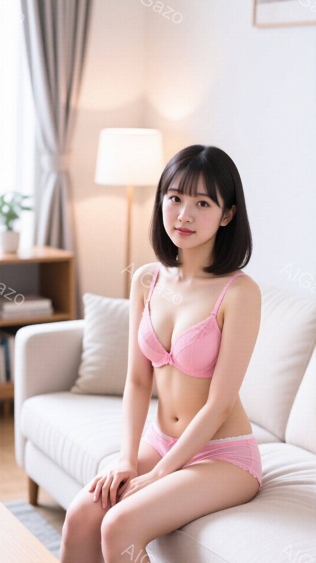 短い黒髪の女性が白いソファーに座っています。ピンク色のレースのブラジャーとパンティーを身につけ、少し微笑んでいます。背景には木製の棚と白いカーテンがあり、明るく穏やかな雰囲気です。
