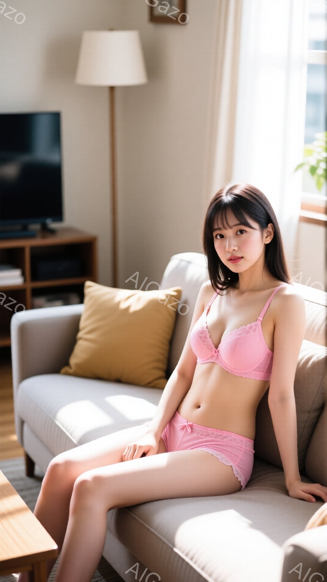 明るいリビングルームに、ピンク色のランジェリーを着た若い女性がソファに座っています。彼女は長い黒髪で、前髪が目にかかっており、少し微笑んでいます。背景にはテレビや棚があり、窓から自然光が差し込み、温か - AI生成フリー素材