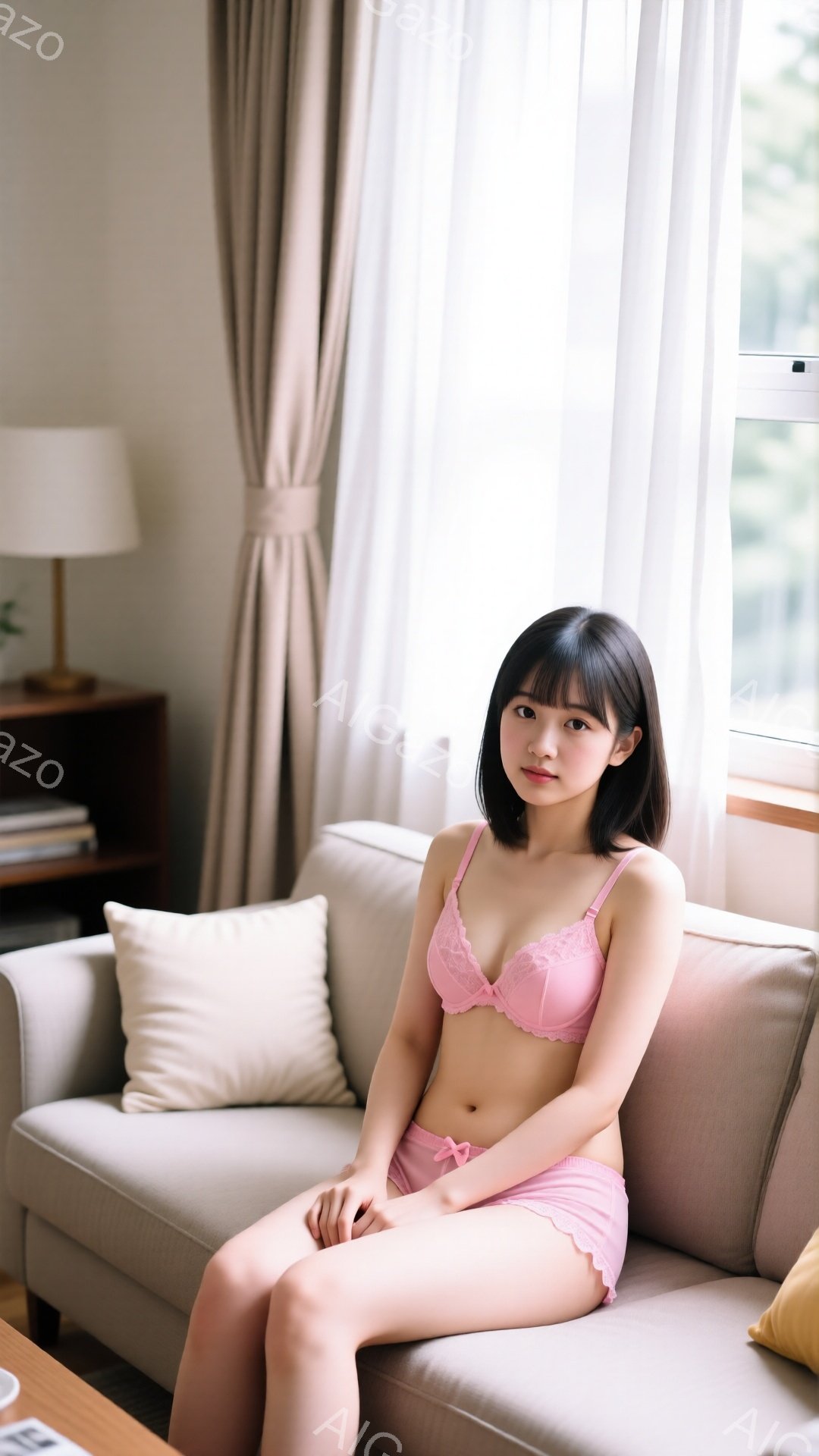 明るいリビングルームのソファに座る若い女性が写っています。ピンク色のレースのブラジャーとショーツ姿で、膝を曲げて座り、少し微笑んでいます。背景にはオフホワイトのカーテンと木製のキャビネットがあり、全体 - AI生成フリー素材