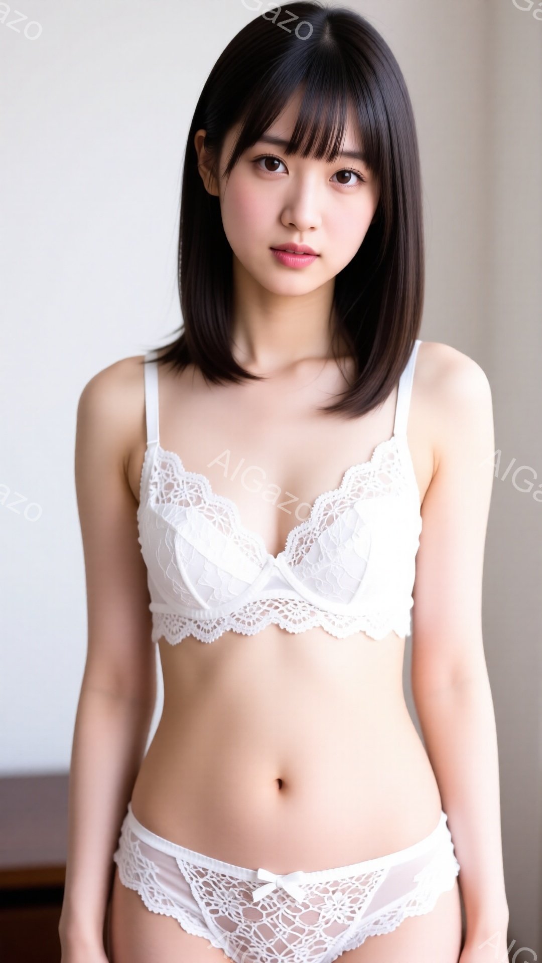 長い黒髪で、前髪は眉毛にかかるように切り揃えられています。白いレースのブラジャーとショーツ姿で、少し微笑んだ表情で正面を見つめています。背景は明るい壁で、全体的に柔らかく、繊細な雰囲気が漂っています。 - AI生成フリー素材