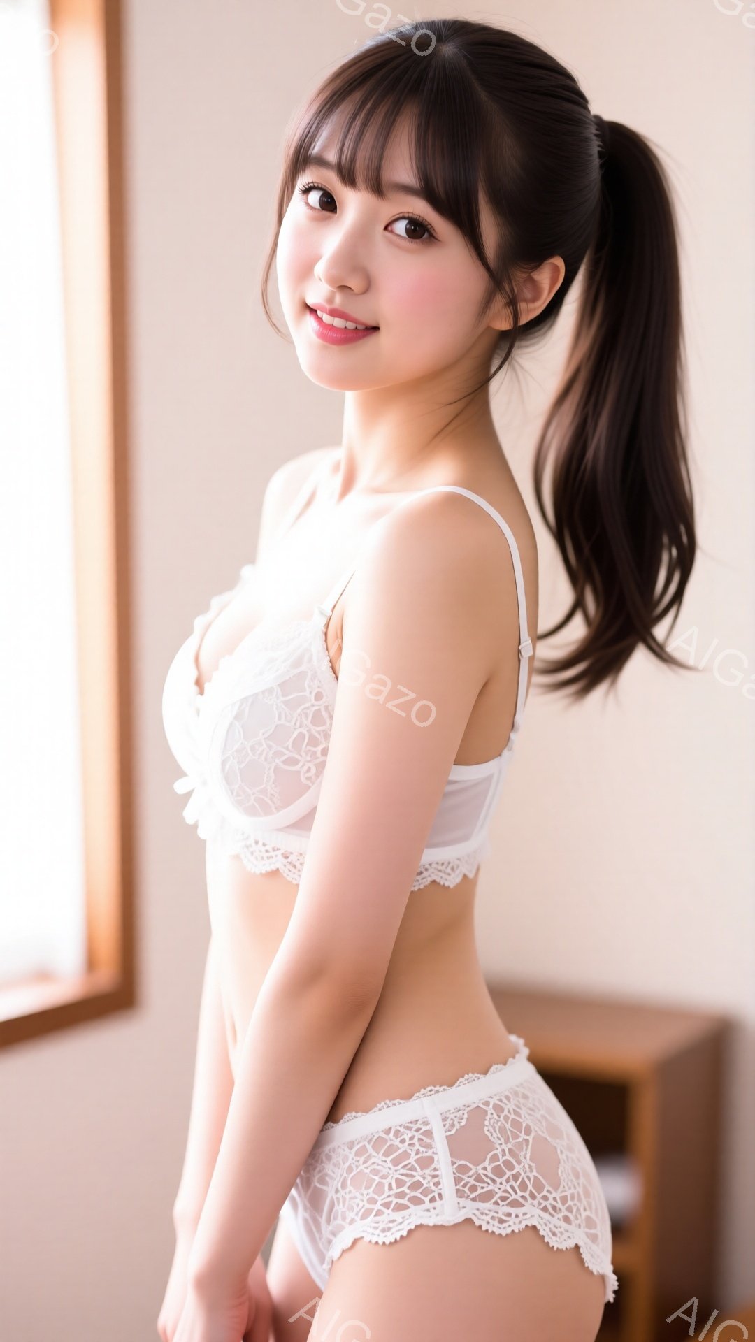 長い黒髪をポニーテールにした女性が、白いレースのブラジャーとショーツ姿で立っています。彼女は少し微笑んでおり、姿勢は横向きで、わずかに体をねじっています。背景には木のフレームの窓と、茶色の家具が見え、 - AI生成フリー素材