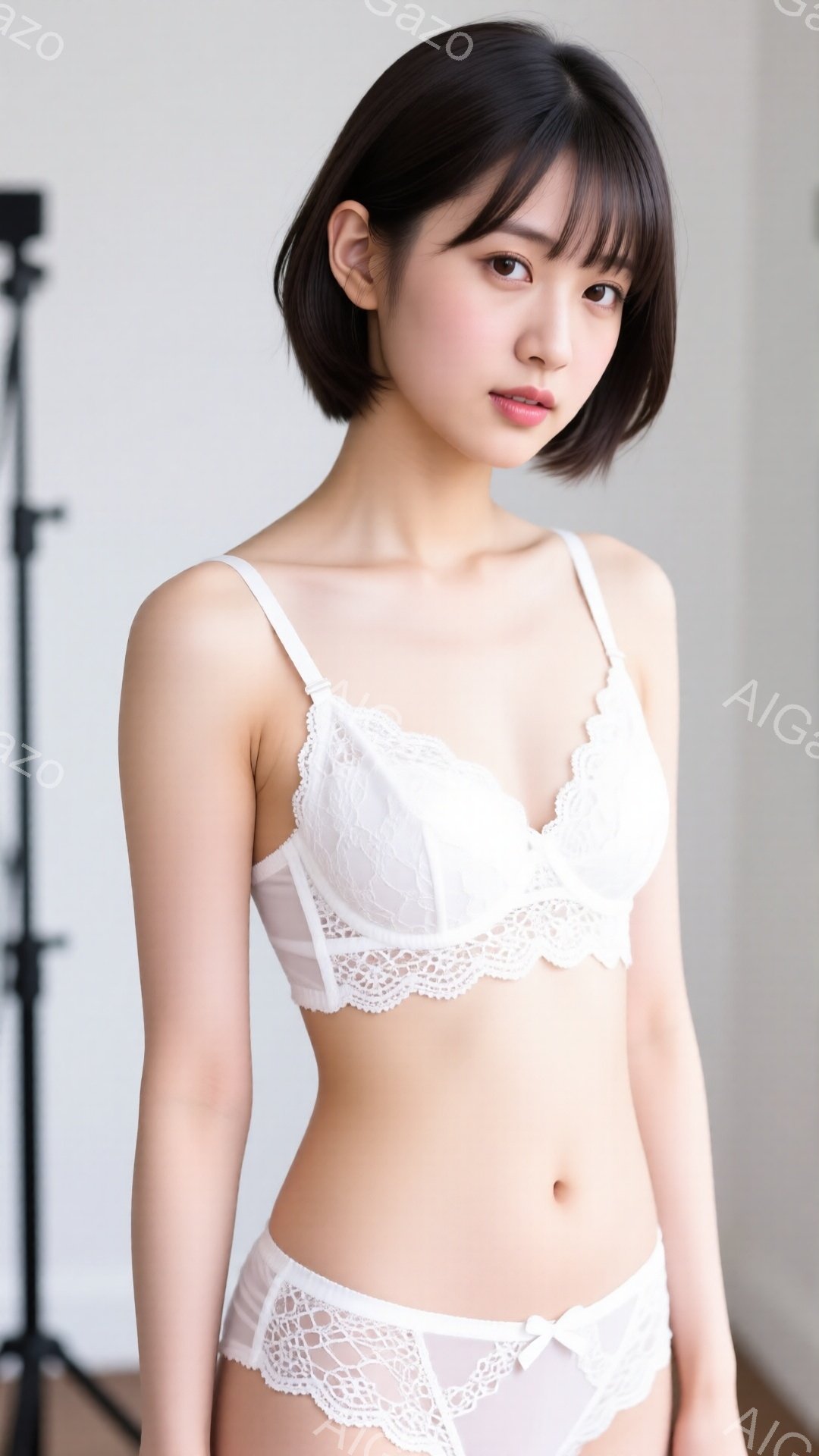 明るい髪と前髪を持つ若い女性が、白いレースのブラジャーとショーツのセットを身に着けて立っています。彼女はやや微笑んでおり、まっすぐな姿勢でカメラを見つめています。背景はシンプルな白い壁で、左側には黒い - AI生成フリー素材