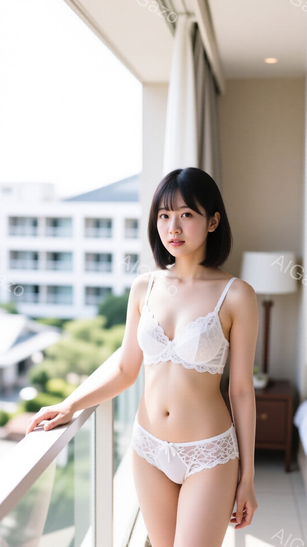ショートヘアの女性が、レースの白いブラとショーツ姿でバルコニーに立っている。彼女はわずかに微笑み、片手を欄干につけてリラックスした姿勢を見せている。背景には、緑豊かな植物と高層ビルが見え、晴れた日の穏 - AI生成フリー素材