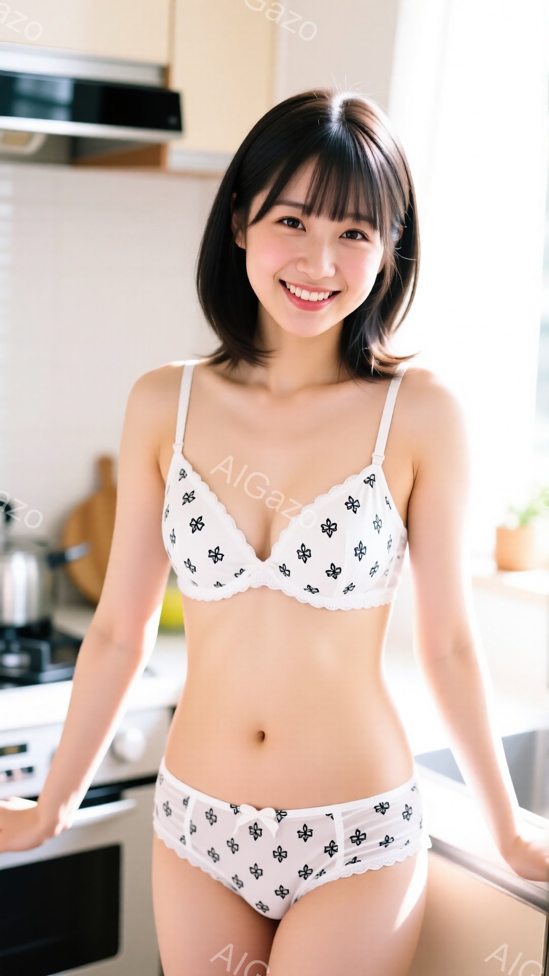 黒髪のショートヘアの女性が、白い花柄のブラとショーツ姿で微笑んでいます。彼女は少し体をねじって立ち、キッチンカウンターに手を添えています。背景にはキッチンがあり、明るい光が差し込んでおり、親しみやすい雰囲気が漂っています。