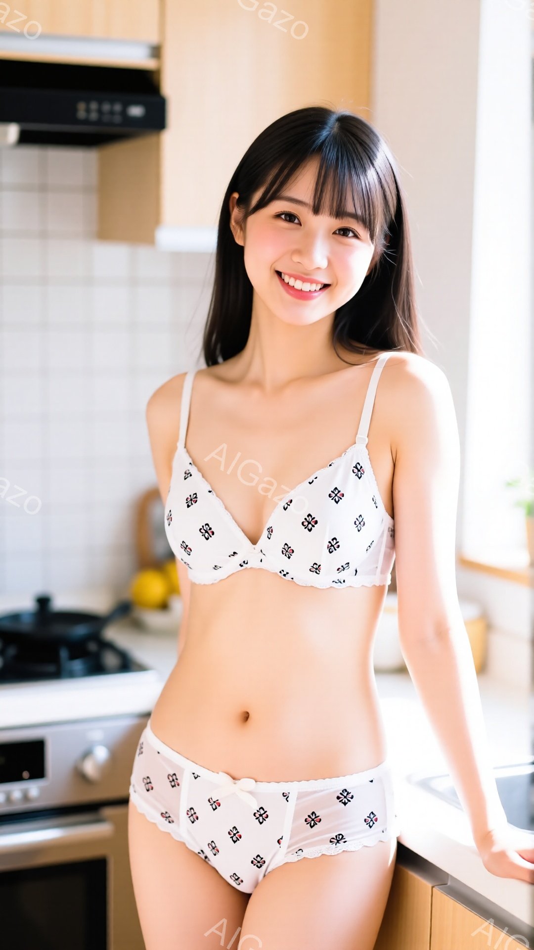 明るいキッチンを背景に、女性が白い花柄のブラとショーツ姿で微笑んでいます。彼女は肩までの黒髪で、前髪を少しおろしたヘアスタイルです。姿勢はやや前傾姿勢で、自信に満ちた表情でカメラを見ています。