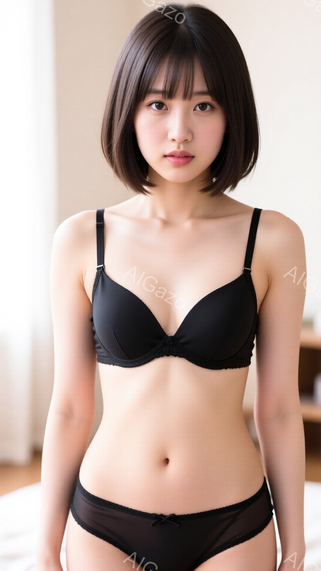 ショートヘアの女性が、黒いブラジャーとショーツのランジェリー姿で立っています。彼女はわずかに微笑み、まっすぐカメラを見つめており、姿勢は自然でリラックスしています。背景はぼやけていますが、ベッドと家具の一部が見え、室内の暖かい雰囲気です。