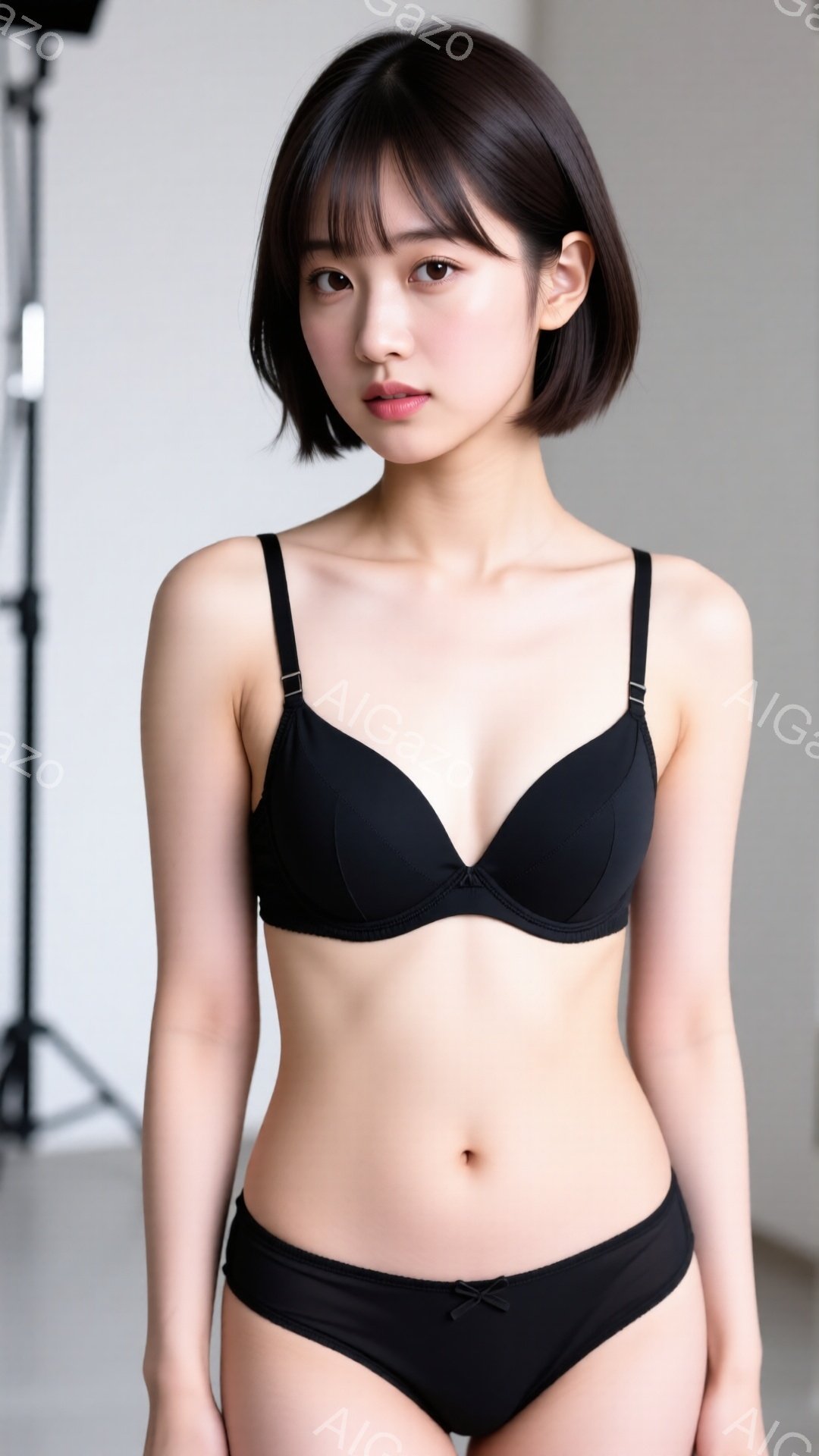 黒いブラとショーツを着用した若い女性が立っている。彼女は短い黒髪で、わずかに微笑んでいる。背景はシンプルなスタジオで、白い壁とスタンドライトが見える。 - AI生成フリー素材