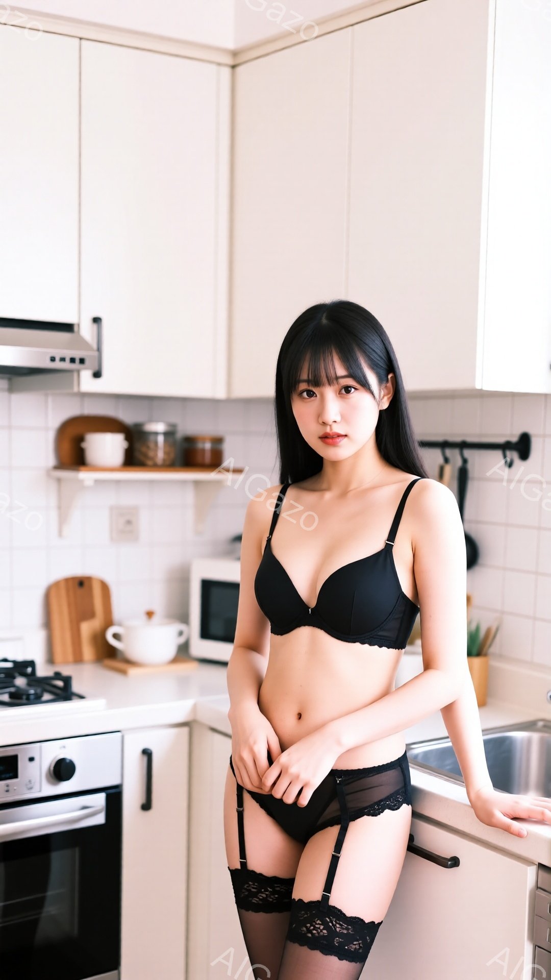 黒いブラとショーツ、黒いガーターベルトとストッキングを身に着けた女性がキッチンに立っている。彼女は長い黒髪で、少し微笑んでいるような、控えめな表情をしている。キッチンは白を基調としており、清潔感があり - AI生成フリー素材