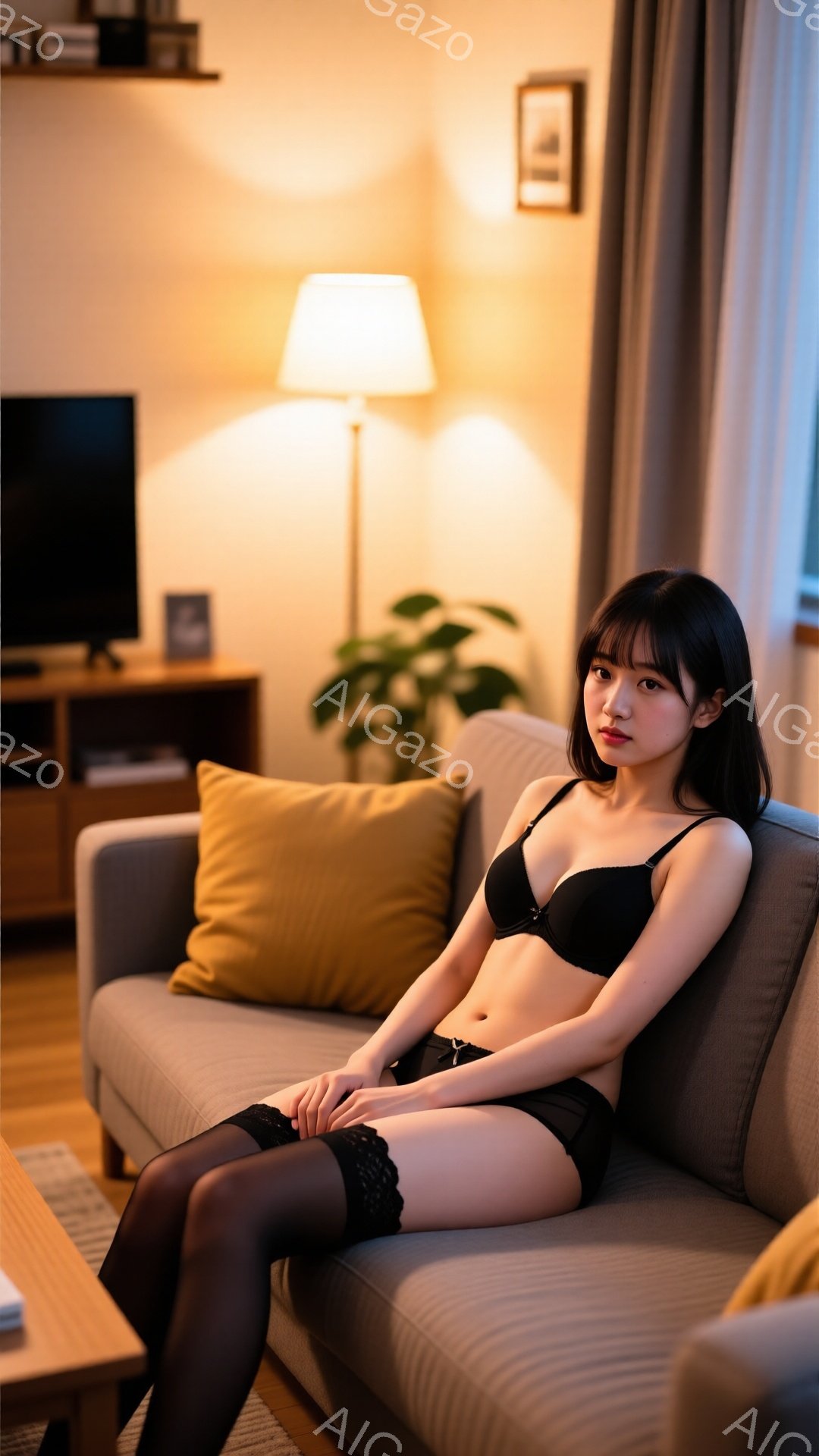 黒いブラとショーツ、そして黒い網タイツを身に着けた女性が、ベージュ色のソファに座っています。彼女は長い黒髪で、前髪は目に少し触れるようにカットされており、顔は少し憂いを帯びた表情をしています。背景にはテレビ、ランプ、植物が見え、暖色系の照明が室内を照らしています。