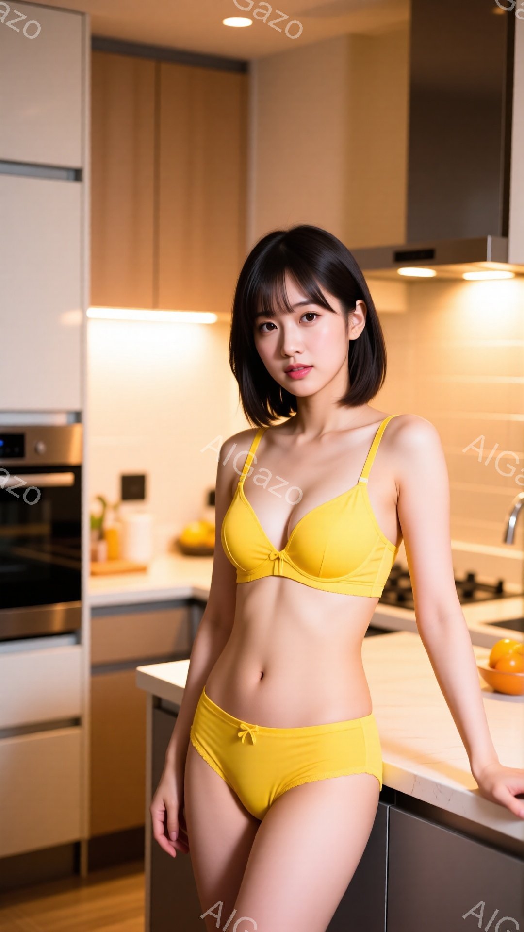 明るいキッチンを背景に、黄色いブラとショーツのセットを身に着けた若い女性が立っています。彼女は肩を少し丸め、片手をキッチンのカウンターに当てています。短くダークブラウンの髪で、前髪は眉毛にかかり、表情はわずかに微笑んでいます。