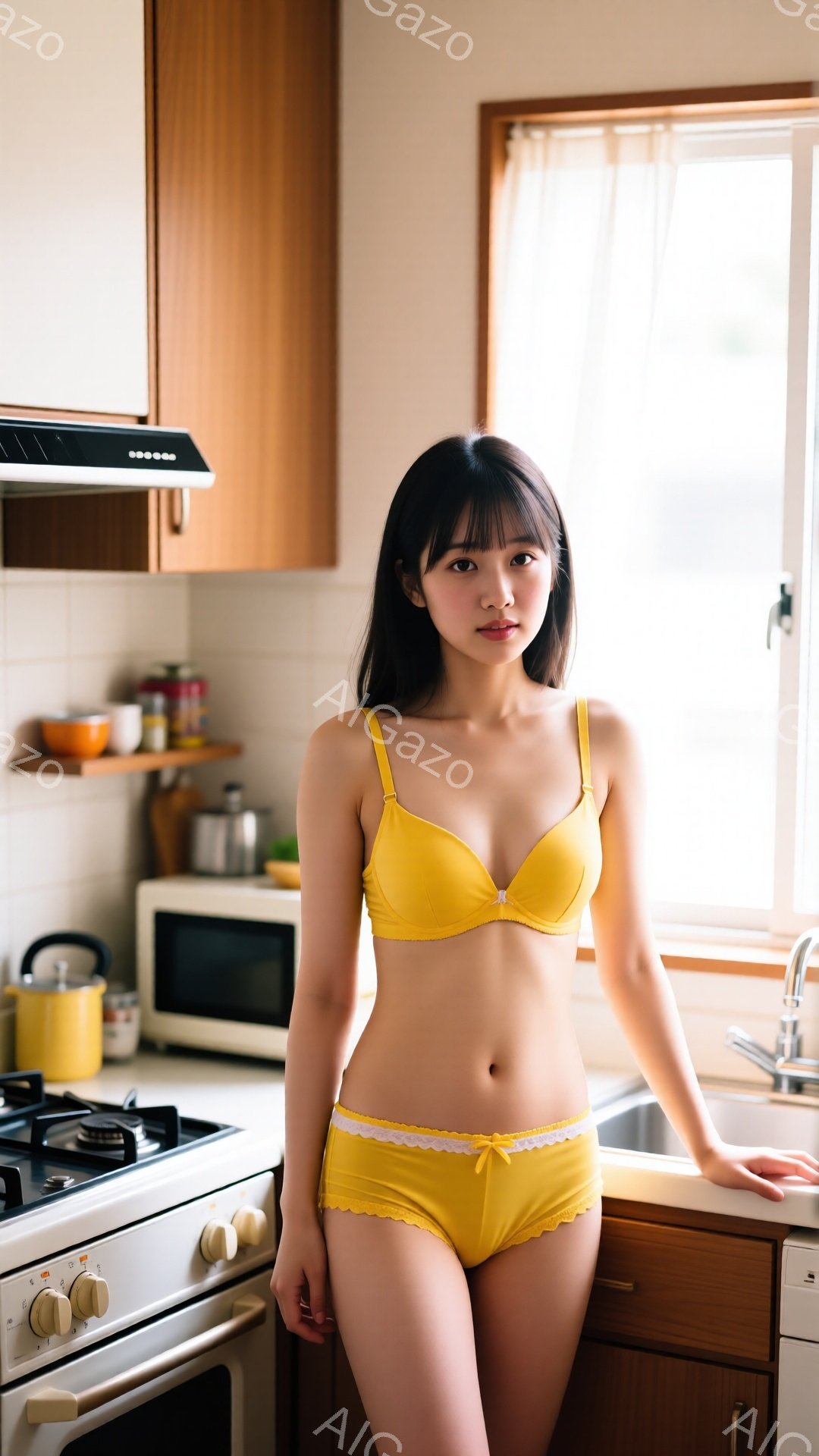 明るいキッチンを背景に、茶髪の女性がイエローのブラとショーツのセットアップ姿で立っている。彼女は前髪を下ろしたスタイルで、少し微笑んだ表情を見せ、片手をキッチンカウンターに添えてリラックスした姿勢をと - AI生成フリー素材