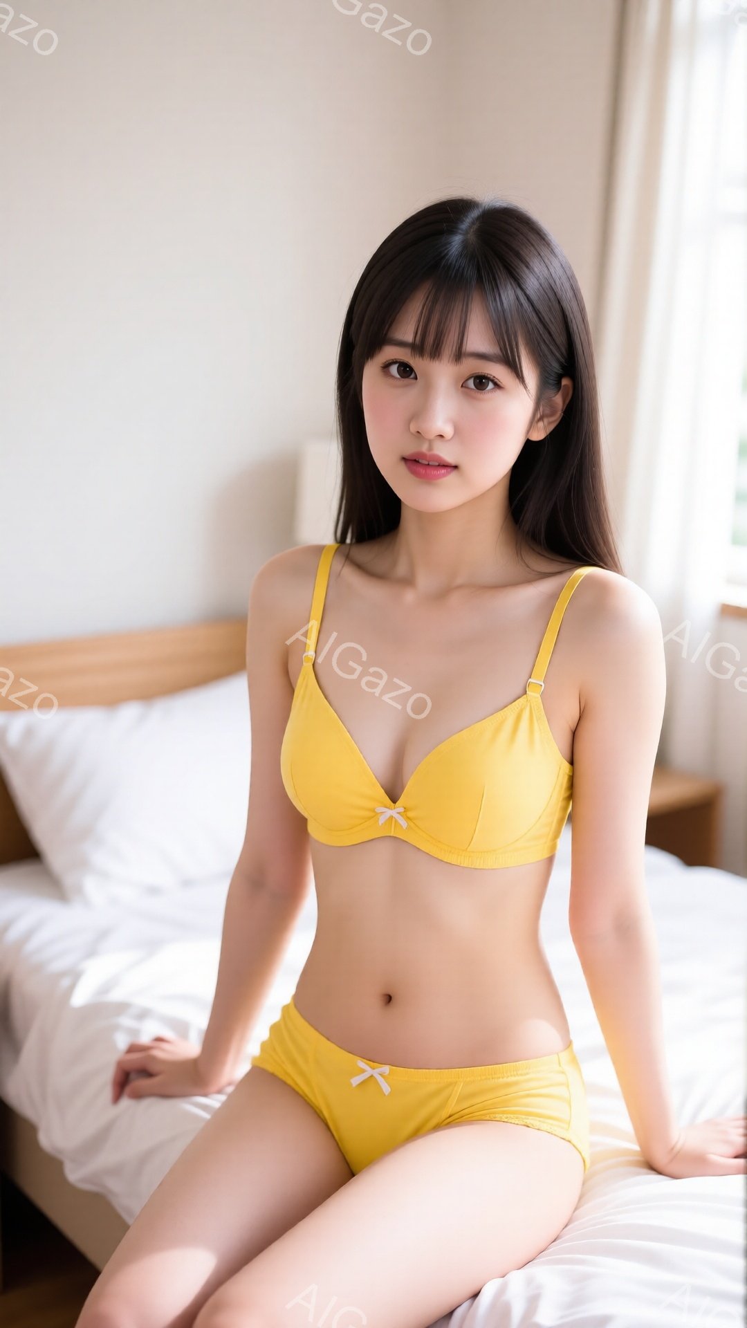 長い黒髪の女性がベッドに座っており、明るい黄色のブラとショーツのセットを着用しています。彼女はわずかに微笑んでおり、リラックスした姿勢で、柔らかい光が彼女を照らしています。背景はシンプルなベッドルームで、白を基調とした清潔感のある空間が広がっています。