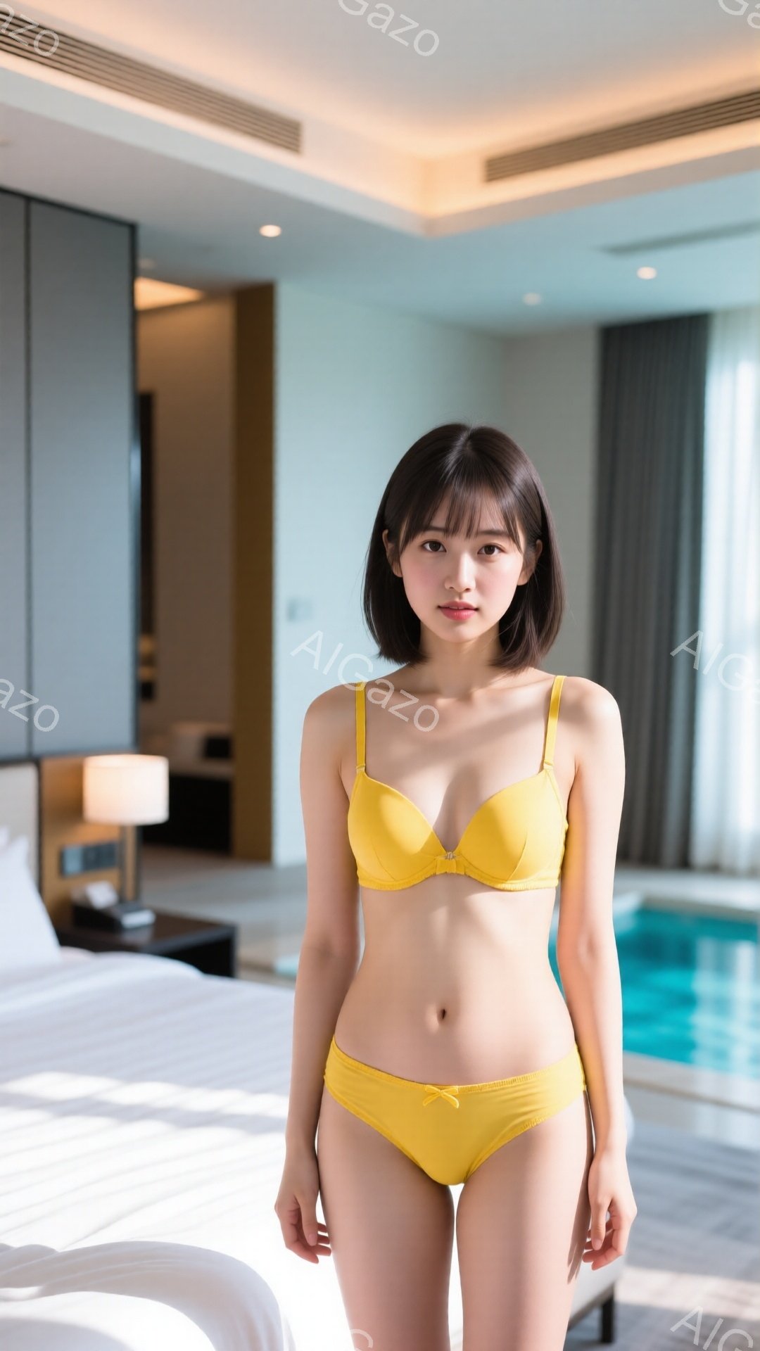 金髪のボブヘアに前髪を下ろした若い女性が、黄色いブラとショーツのセットアップを身につけて立っています。彼女は少し微笑んでおり、リラックスした姿勢でカメラを見つめています。背景には、白いベッドとプールが見え、モダンで明るいホテルの部屋のようです。