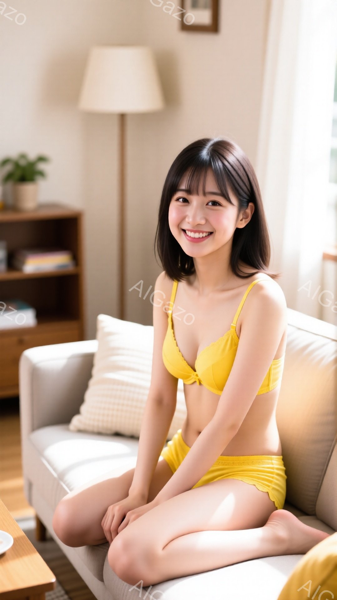 明るいリビングルームで、若い女性が黄色いブラとショーツ姿でソファに座っています。彼女は笑顔で、肩まで届く黒髪が特徴的です。背景には、本棚や間接照明があり、自然光が差し込んで穏やかな雰囲気を醸し出してい - AI生成フリー素材