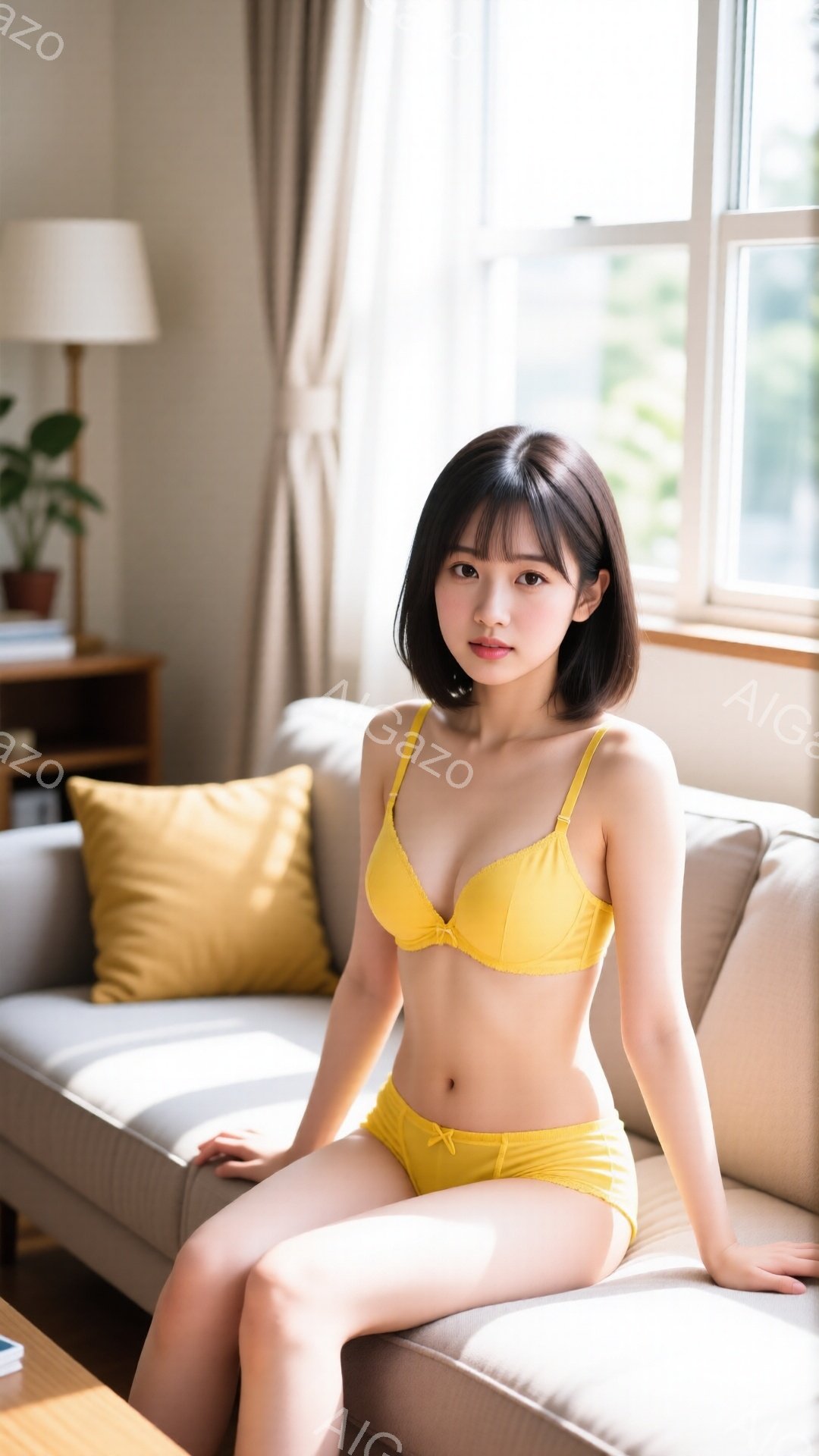 明るいリビングルームのソファに座る若い女性が写っています。彼女は黄色のブラとショーツを身に着け、肩までの長さの黒髪で、前髪が目にかかっています。穏やかな表情で、リラックスした姿勢で座っています。