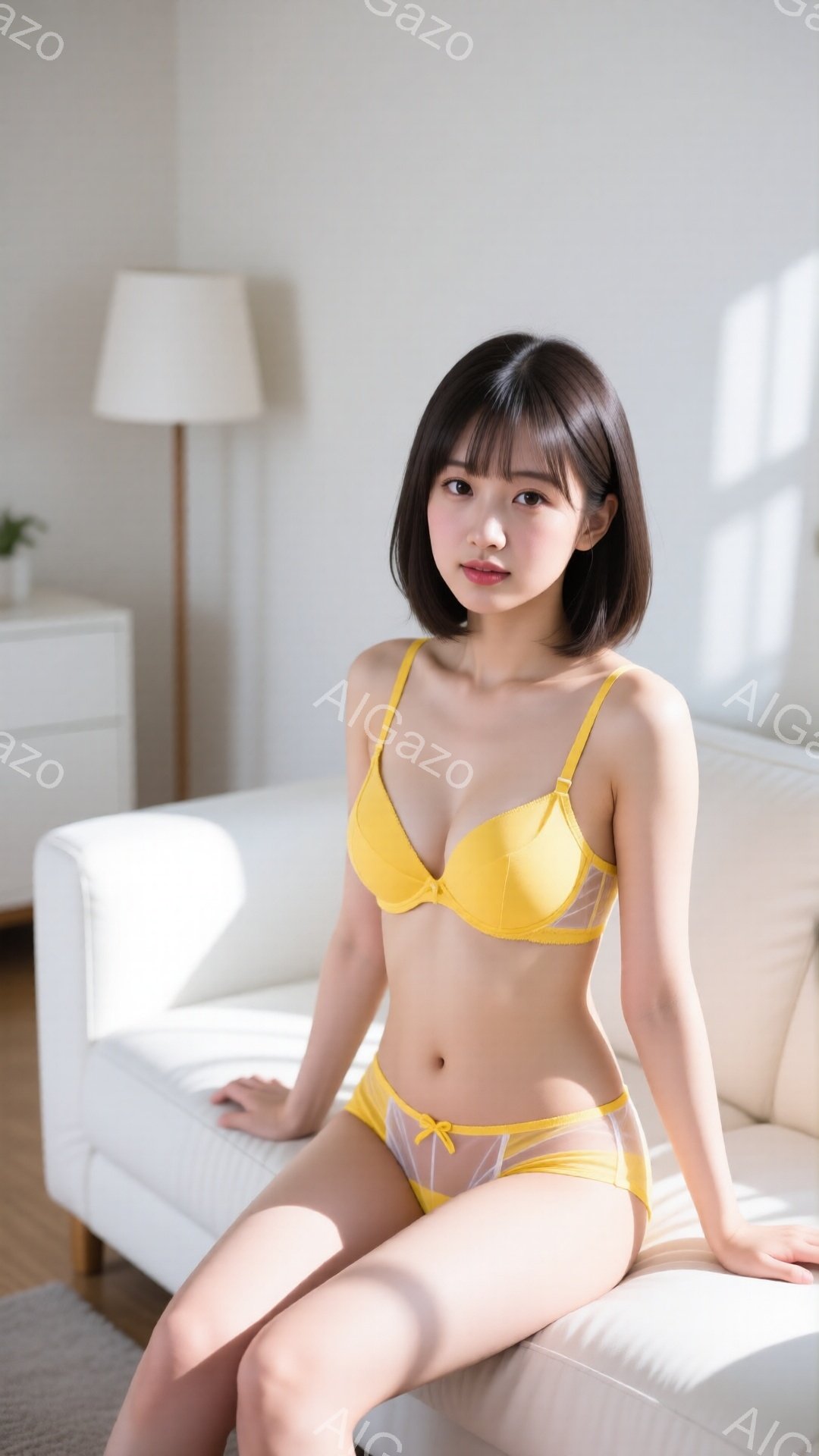 明るい室内で、短い茶色の髪をした若い女性がソファに座っています。彼女は黄色いブラジャーとショーツのセットを着ており、控えめな微笑みを浮かべています。背景には白いキャビネットとランプがあり、部屋は柔らかい光で満たされています。