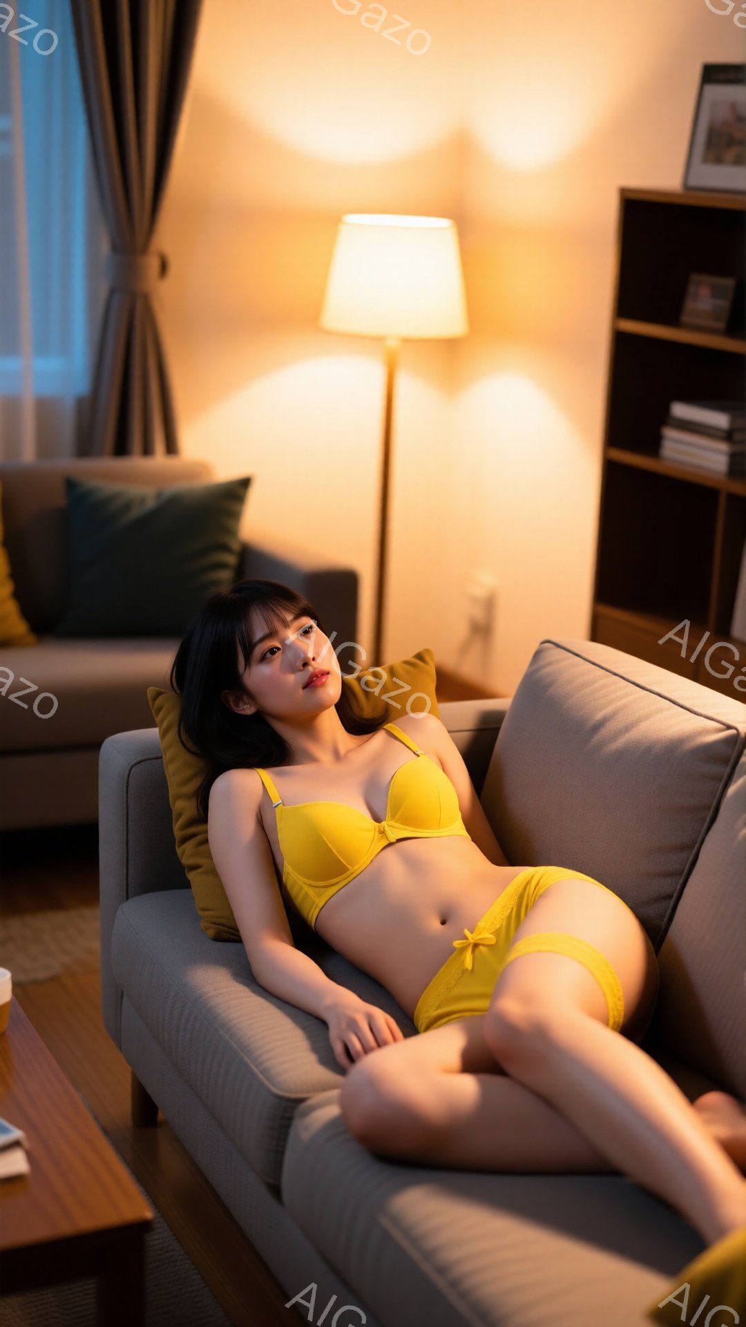 明るいリビングルームで、女性がグレーのソファに横たわっています。彼女は黄色のブラとショーツを身に着けており、ダークブラウンの髪はストレートで肩にかかっています。リラックスした表情で、彼女は頭を少し上げ、暖かく穏やかな雰囲気が漂っています。