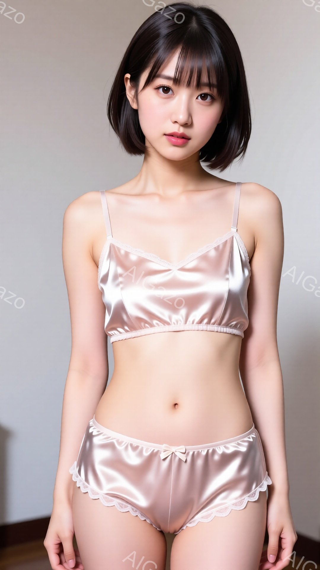 短いボブヘアの女性が、薄いピンク色のサテンのキャミソールとショーツのセットを身に着けて立っています。彼女は少し微笑んでおり、姿勢はまっすぐで、自信に満ち溢れています。背景はシンプルで、淡いベージュ色の - AI生成フリー素材