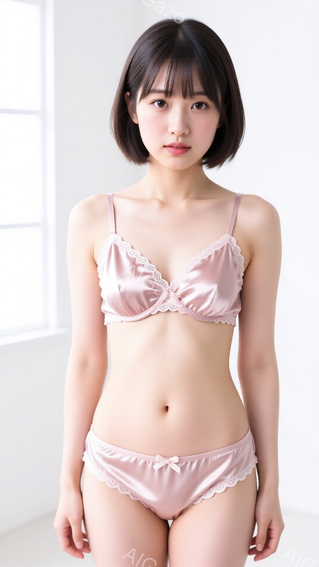 浅いピンク色のブラとショーツを着用した若い女性が正面を向いています。彼女は肩までの長さの黒髪で、顔には穏やかな表情を浮かべています。背景は白く、全体的に柔らかく、清潔な雰囲気です。