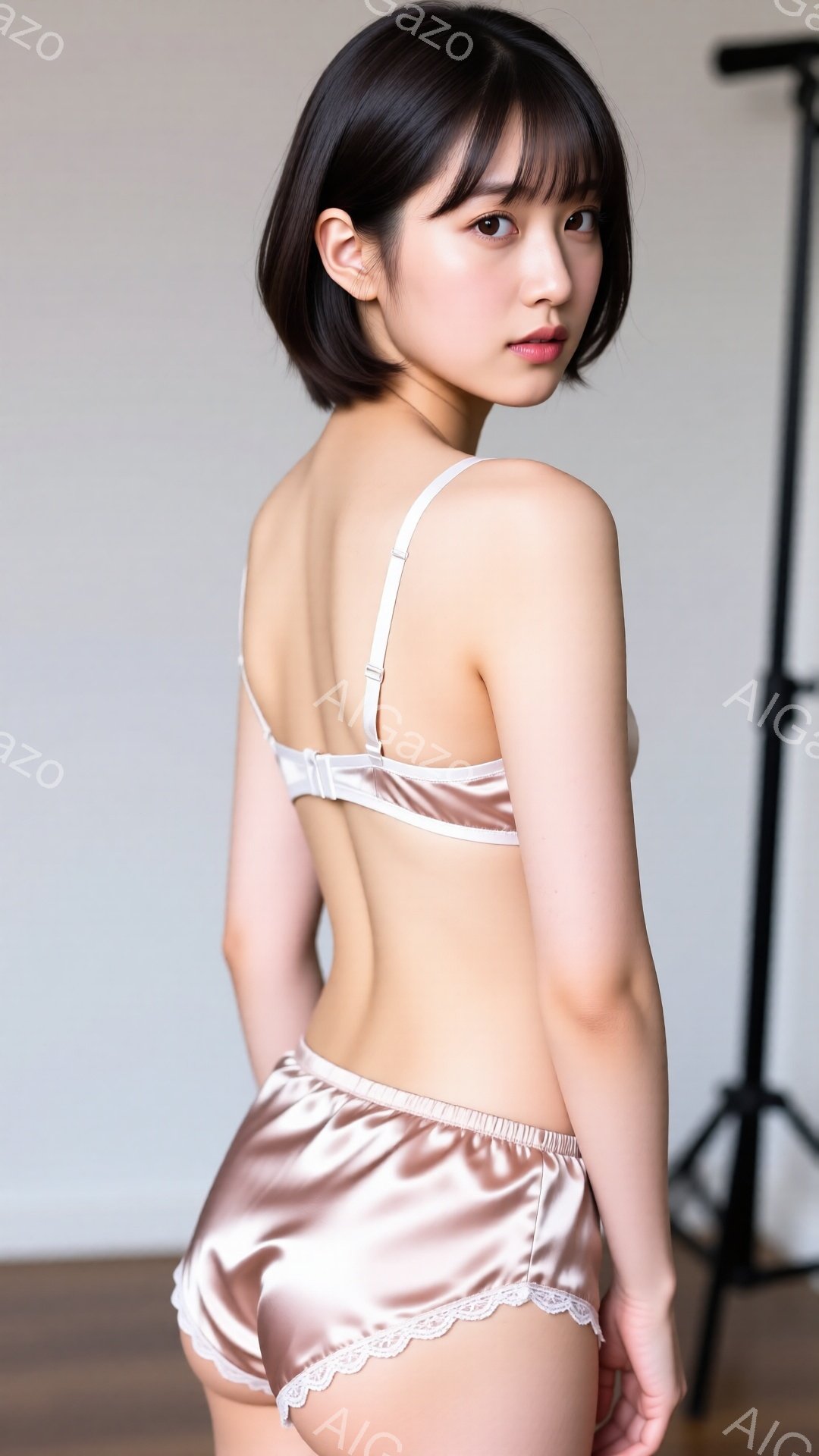 明るい髪の女性が、ピンクゴールドのサテン生地のキャミソールとショートパンツを着用して背中を見せて立っています。彼女は軽く振り返っており、少し微笑んでいます。背景は白っぽく、背景には黒いスタンドが見えます。