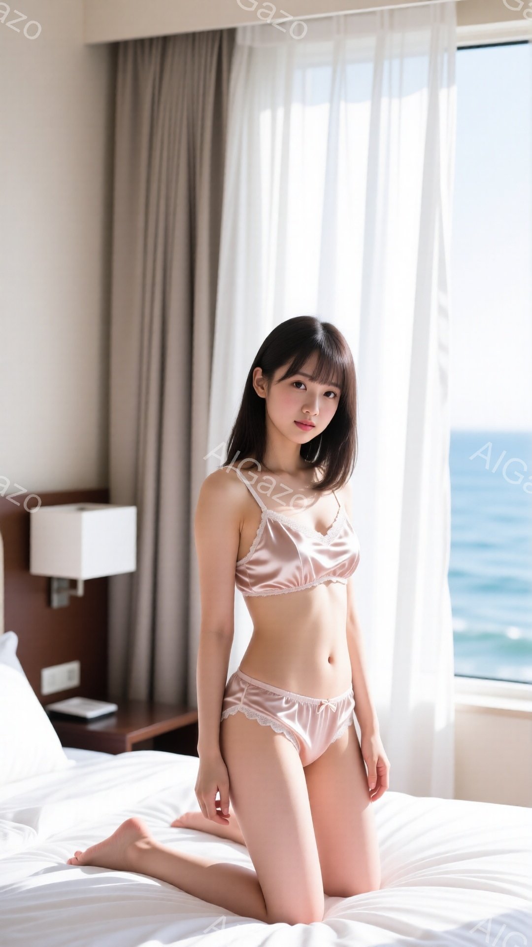 明るい室内で、ベージュ色のサテンのランジェリーを着た若い女性がベッドにひざまずいています。彼女は黒髪で、少し微笑んでいます。背景には海が見える窓と、シンプルなナイトスタンドとランプがあります。