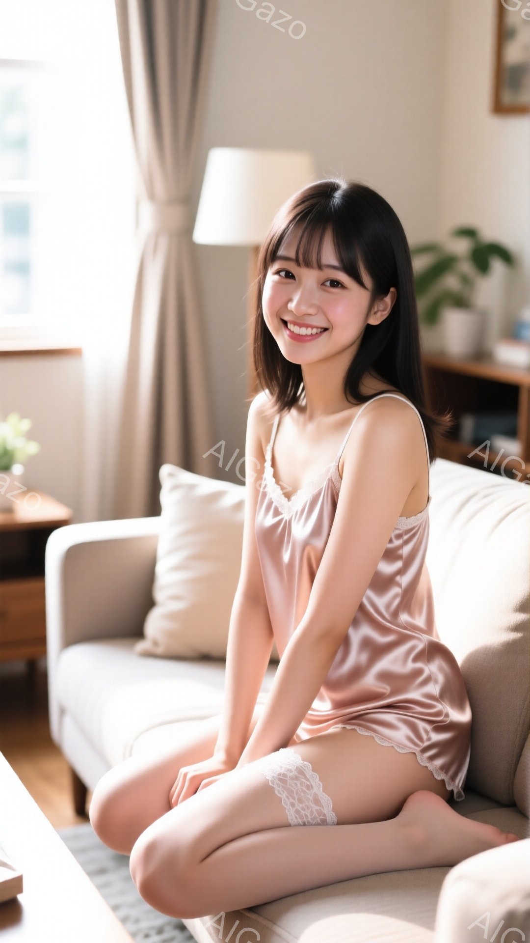 彼女は薄いピンク色のサテンのキャミソールとショートパンツを身に着け、明るい笑顔を浮かべてソファーに座っています。長い黒髪は肩にかかり、前髪が彼女の顔を優しく縁取っています。背景には白いカーテン、木製の家具、そして温かみのある照明があり、居心地の良いリビングルームの雰囲気です。