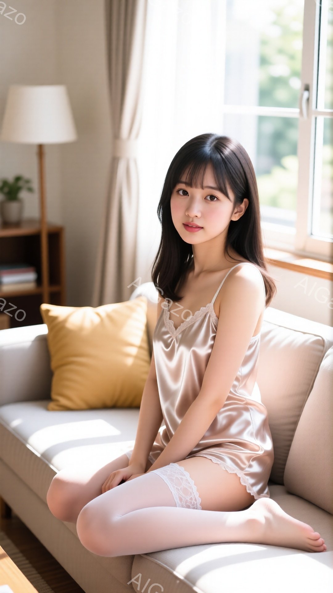 明るい窓辺のソファに座る若い女性が写っています。ベージュのサテン生地のキャミソールと、レースの縁取りがついた淡いピンク色のストッキングを着用し、素足でリラックスした様子です。彼女は微笑みを浮かべ、長い - AI生成フリー素材
