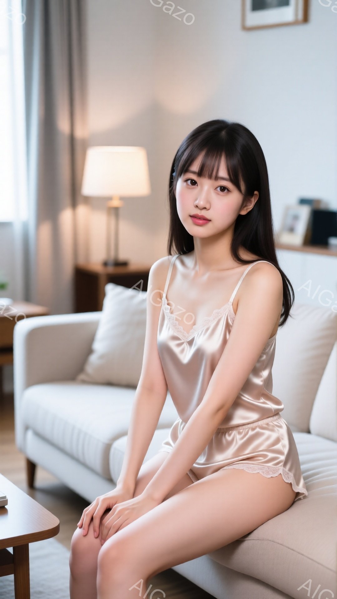 黒髪で前髪を流した若い女性が、ベージュ色のサテンのキャミソールとショートパンツ姿でソファに座っています。彼女は膝を揃え、少し微笑んだ表情でカメラを見つめており、リラックスした雰囲気を醸し出しています。背景には明るいリビングルーム、テーブル、ランプ、そして絵画が見え、温かみのある空間が演出されています。