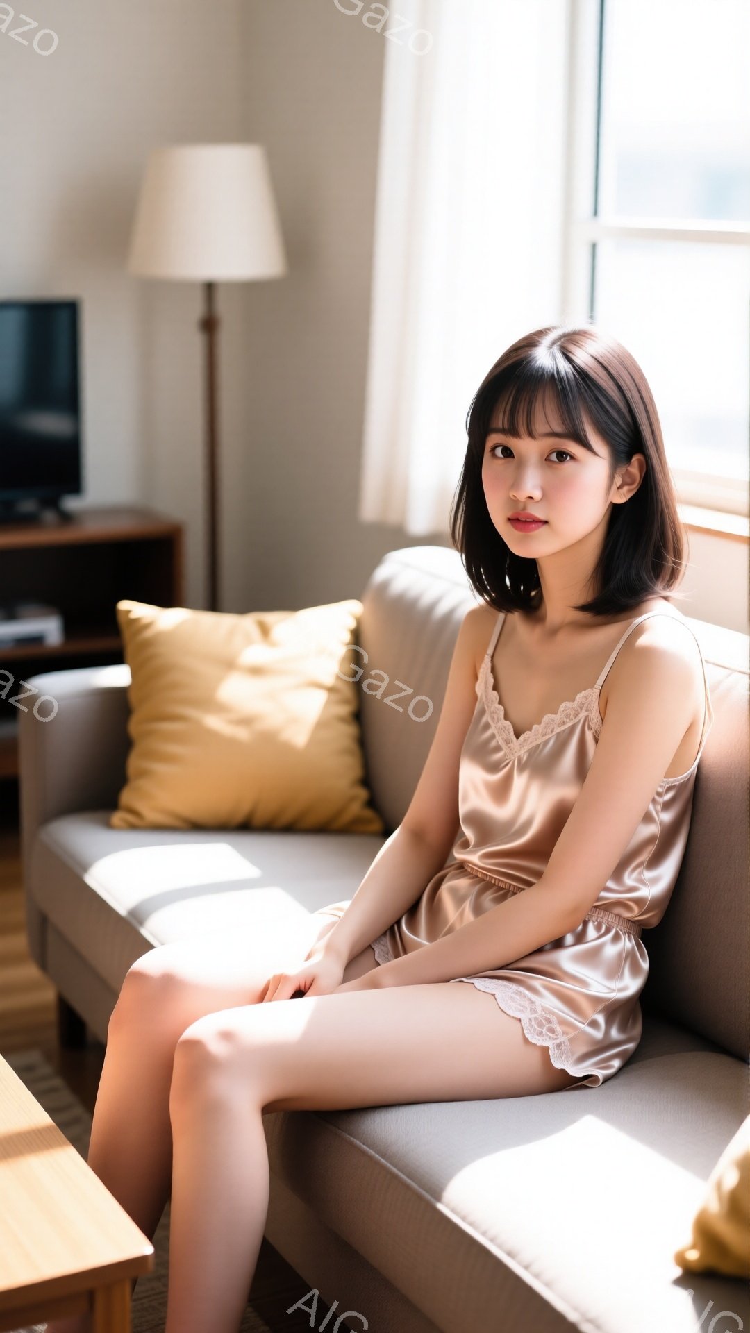 明るいリビングルームのソファに座る若い女性が写っています。彼女は光沢のあるベージュのキャミソールドレスを着ており、肩までの長さのダークブラウンの髪は少しカールしています。彼女はリラックスしたポーズで座 - AI生成フリー素材