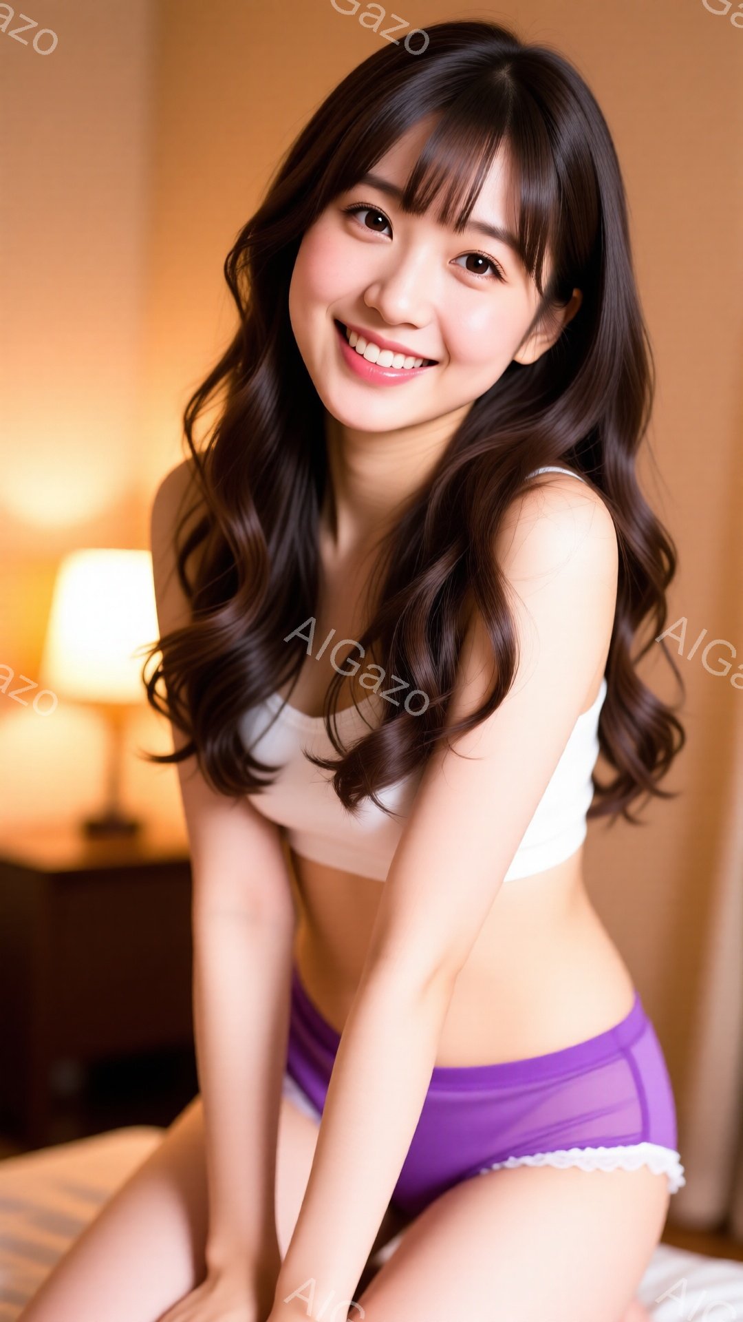 長い茶色の巻き髪をした若い女性が微笑んでいます。彼女は白いタンクトップと紫色の下着を着用し、ベッドに座ってポーズをとっています。背景には、暖かい光を放つテーブルランプと、ぼやけた壁が見えます。 - AI生成フリー素材