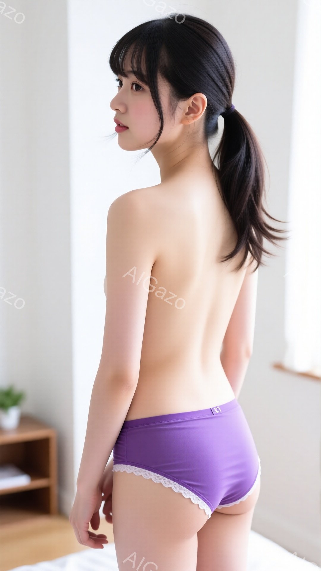 長い黒髪をポニーテールにし、紫色のレース付きパンツを身につけた女性が写っている。彼女は少し振り返り、柔らかい表情でこちらを見ている。背景はシンプルな白い部屋で、木製の棚と植物が見え、リラックスした雰囲気を醸し出している。