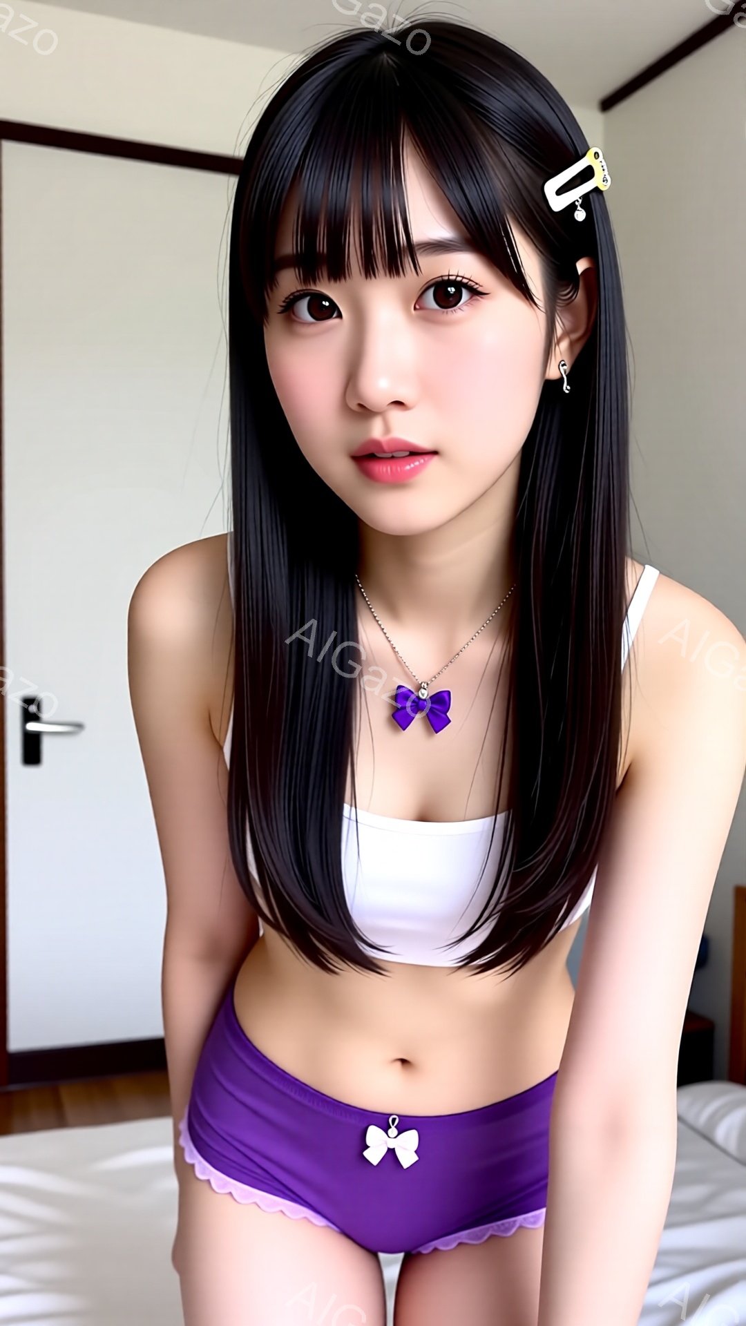 長い黒髪に前髪がぱっつんと切られた女性が写っています。白いタンクトップと紫色のリボンがアクセントのショーツを着用し、わずかに微笑んでいます。背景はベッドとドアがあり、室内で撮影された穏やかな雰囲気の画 - AI生成フリー素材