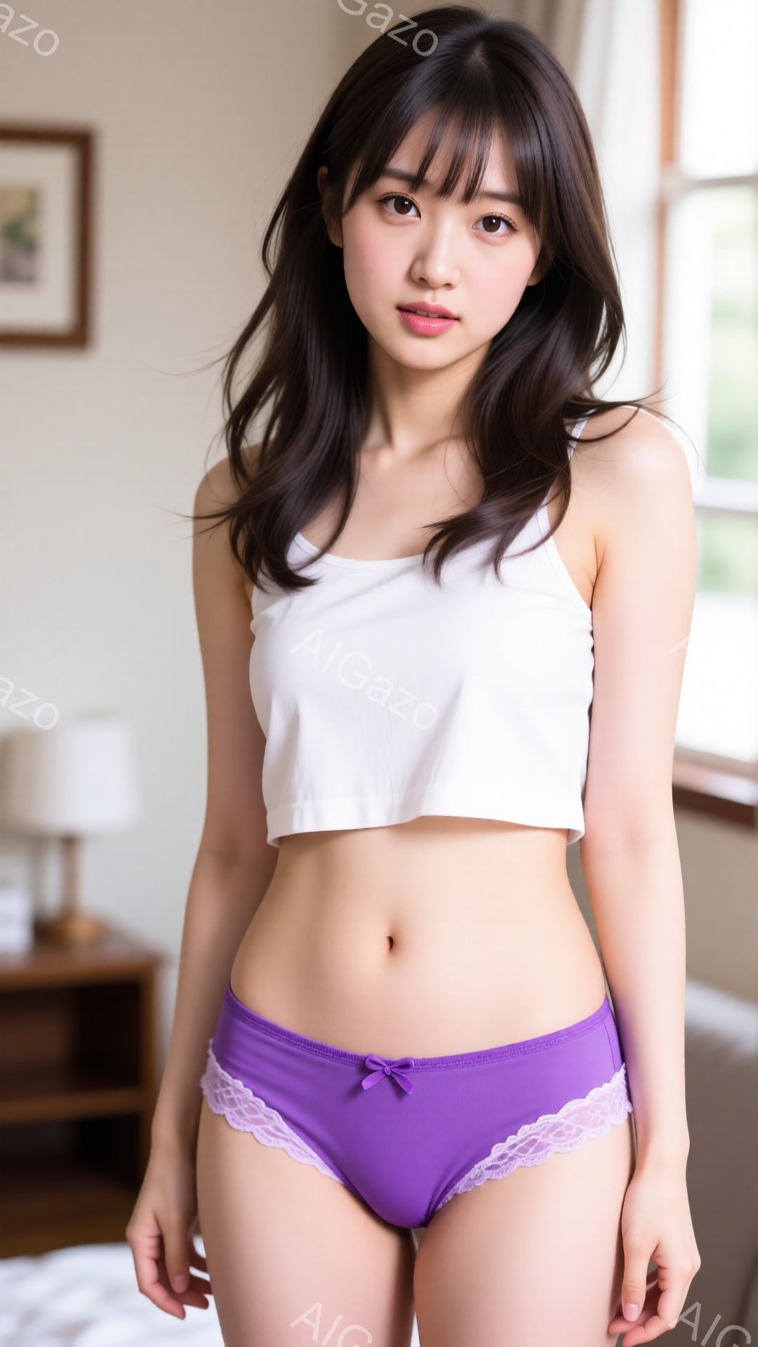 長い黒髪を肩にかかるように下ろし、前髪は少しだけ眉を隠しています。白いクロップド丈のトップスと紫色のフリル付きブリーフを身につけ、引き締まった腹筋が覗いています。背景はベッドとナイトスタンドのある部屋で、窓から光が差し込み、全体的に明るい雰囲気が漂っています。