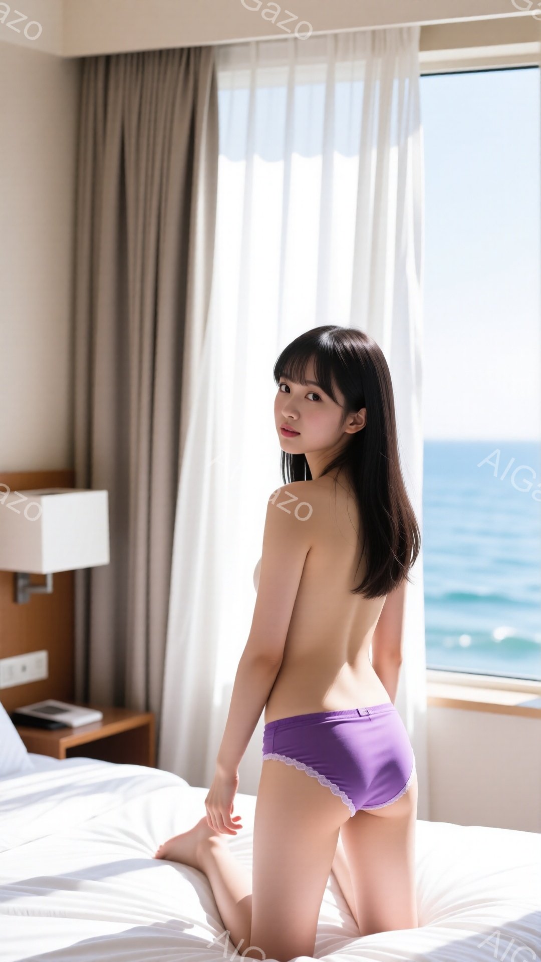長い黒髪に前髪を合わせた若い女性が、紫色の下着姿でベッドの上に膝をついて座っている。彼女は少し振り返り、微笑んでいる。背景には白いカーテンと、青い海が見える窓があり、明るい日差しが差し込んでいる。