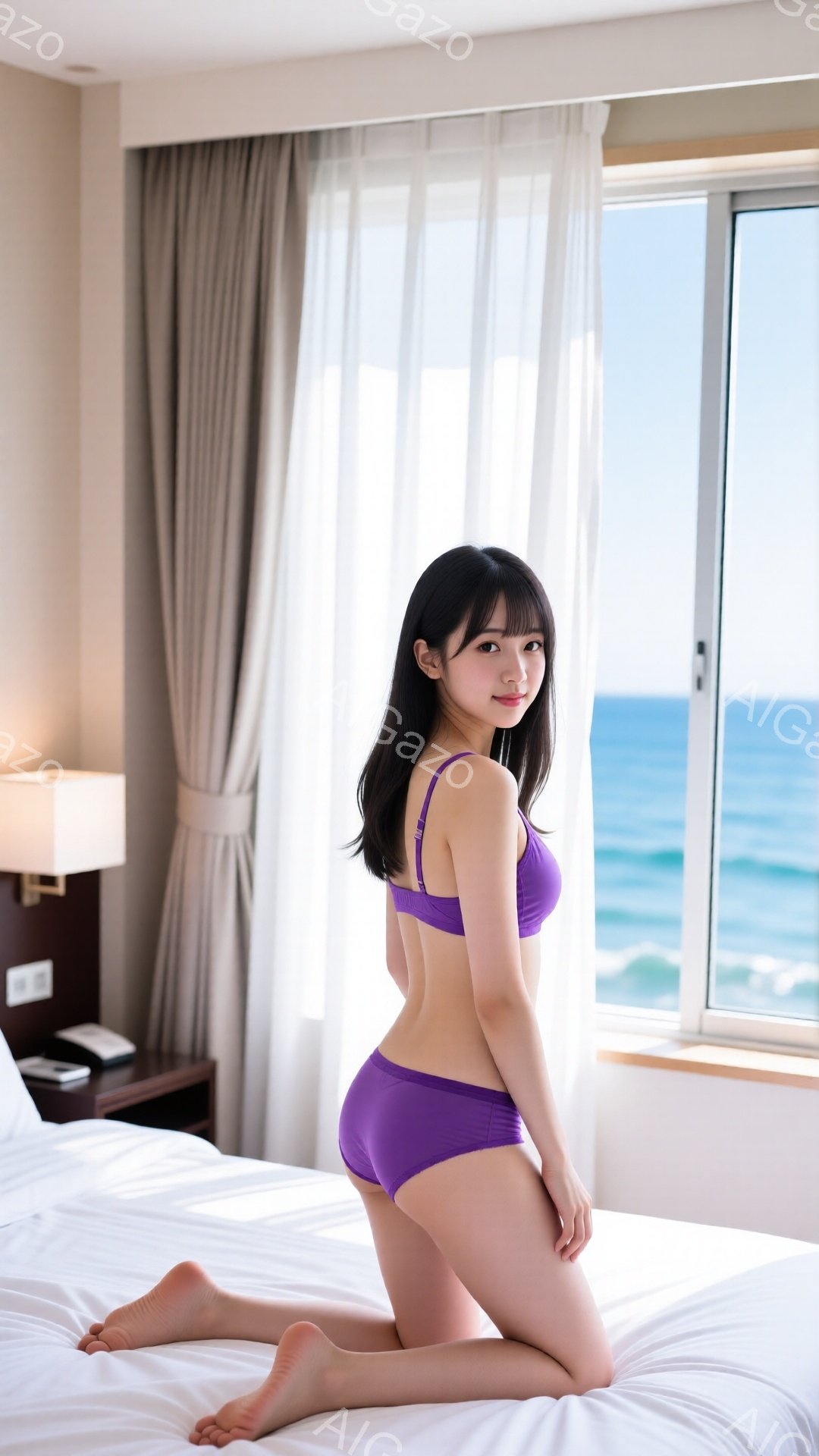 長い黒髪を肩まで伸ばした若い女性が、紫色のブラとショーツ姿で白いベッドの上に膝をついて立っています。彼女は少し微笑んでおり、リラックスした表情をしています。背景には大きな窓から青い海が見え、部屋全体が明るく開放的な雰囲気です。