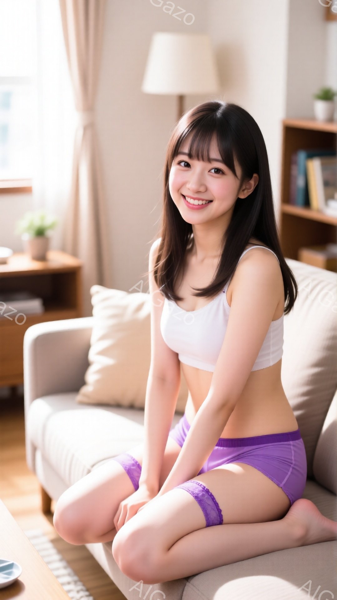 長い黒髪で、前髪は眉毛にかかる程度に切り揃えられています。白いブラトップと薄紫色のショートパンツを着用し、ソファに膝を曲げて座っており、笑顔でカメラを見ています。背景には木製の棚や観葉植物が見え、リビングルームの暖かい雰囲気が漂っています。