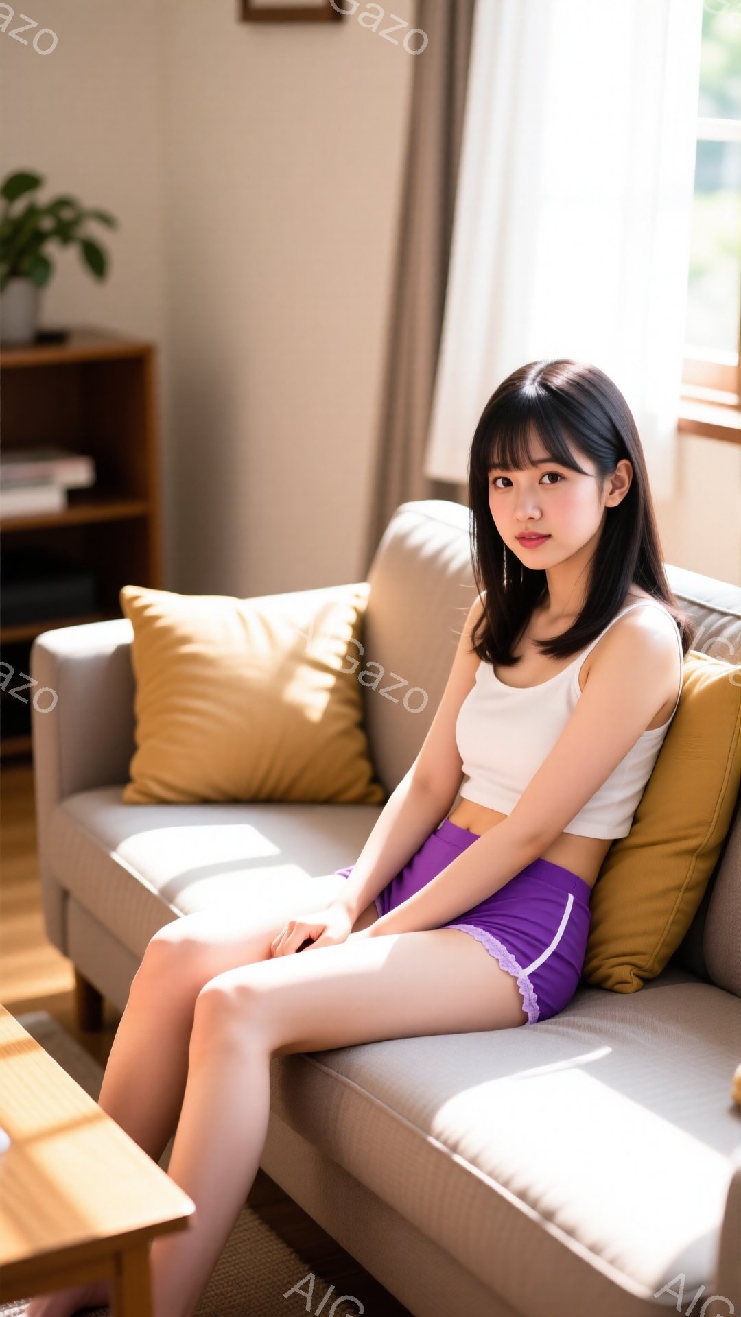 若い女性が明るいリビングルームのソファに座っています。白いタンクトップと紫色のショートパンツを着用し、肩まで伸びた黒髪で、少し微笑んでいます。背景には木製の棚と窓から差し込む自然光があり、リラックスした穏やかな雰囲気です。