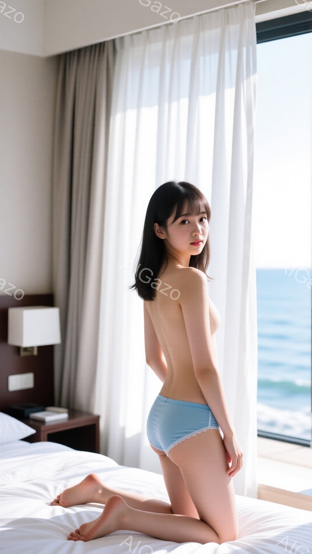 長い黒髪で、前髪は眉毛にかかるようにカットされた女性が、淡い水色の下着のみを身につけてベッドの上に膝をついています。彼女は少し振り返り、微笑みを浮かべており、背景には海が見える窓と、白いカーテン、そしてシンプルなベッドサイドテーブルがあります。全体的に、明るく開放的でリラックスした雰囲気です。
