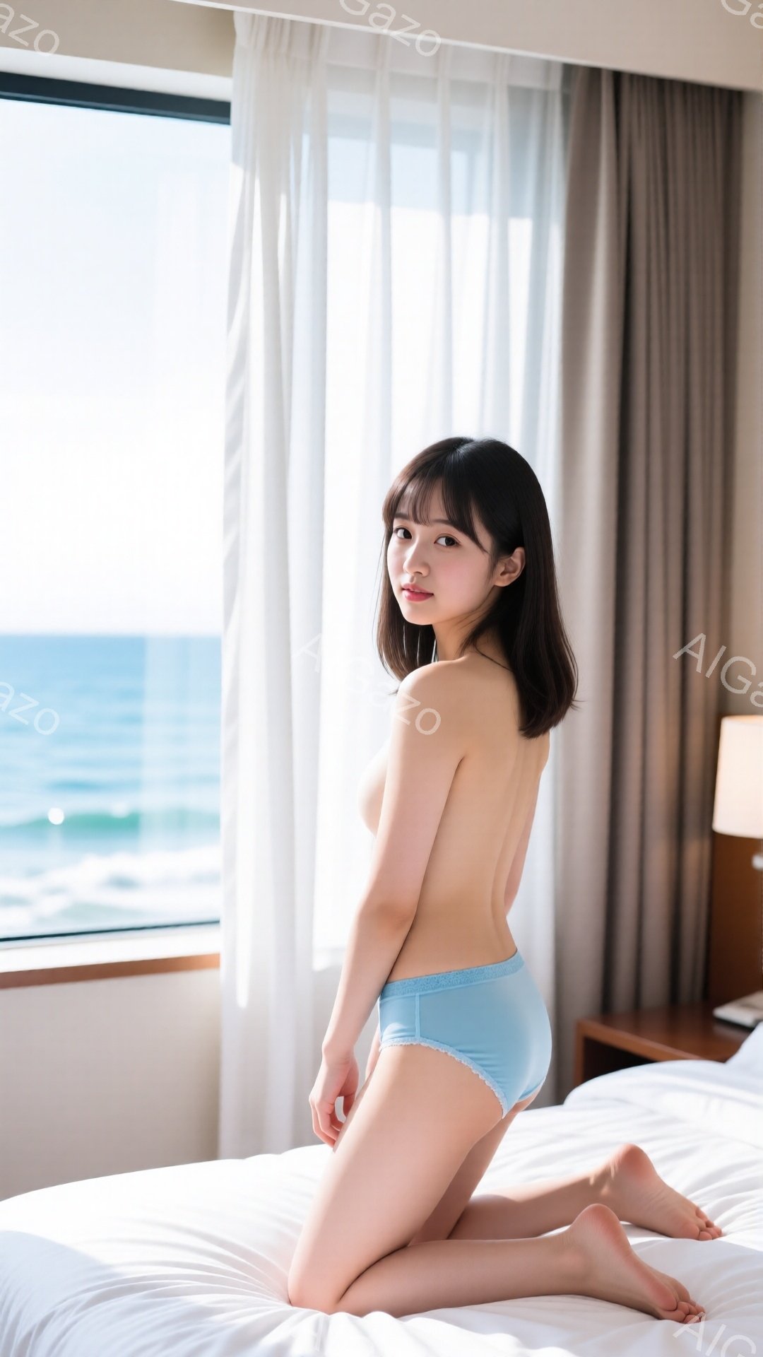 少女は白いベッドに膝をついて座っており、水色の下着を着用しています。彼女は黒髪のボブヘアで、わずかに微笑んでいます。背景には、青い海と白いカーテンが見え、明るく開放的な雰囲気を醸し出しています。