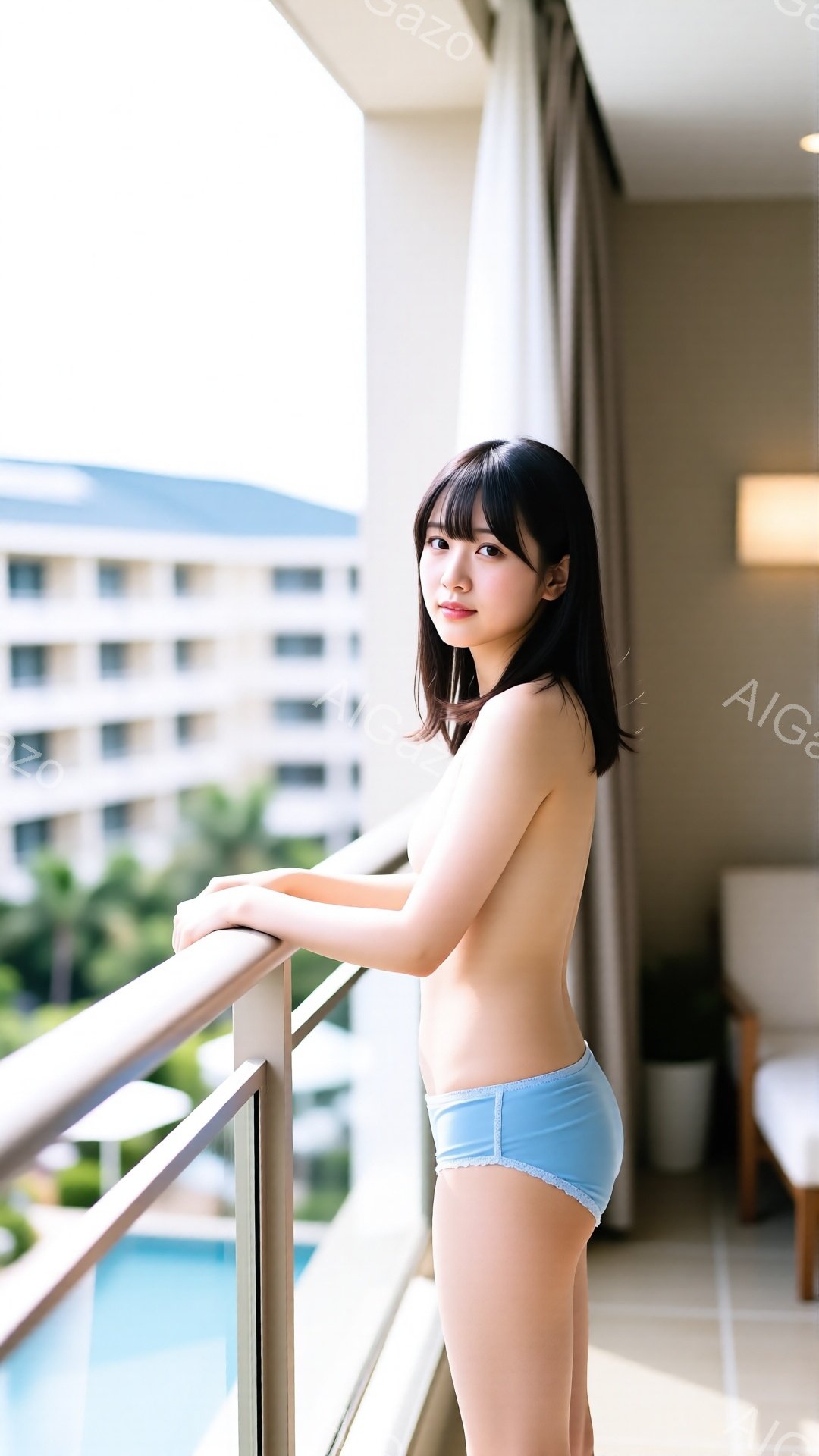 黒髪の女性がバルコニーに立っており、水色の下着を着用しています。彼女は正面を少し向き、穏やかな微笑みを浮かべており、リラックスした雰囲気を醸し出しています。背景にはプールとホテルらしき建物が見え、晴れ - AI生成フリー素材