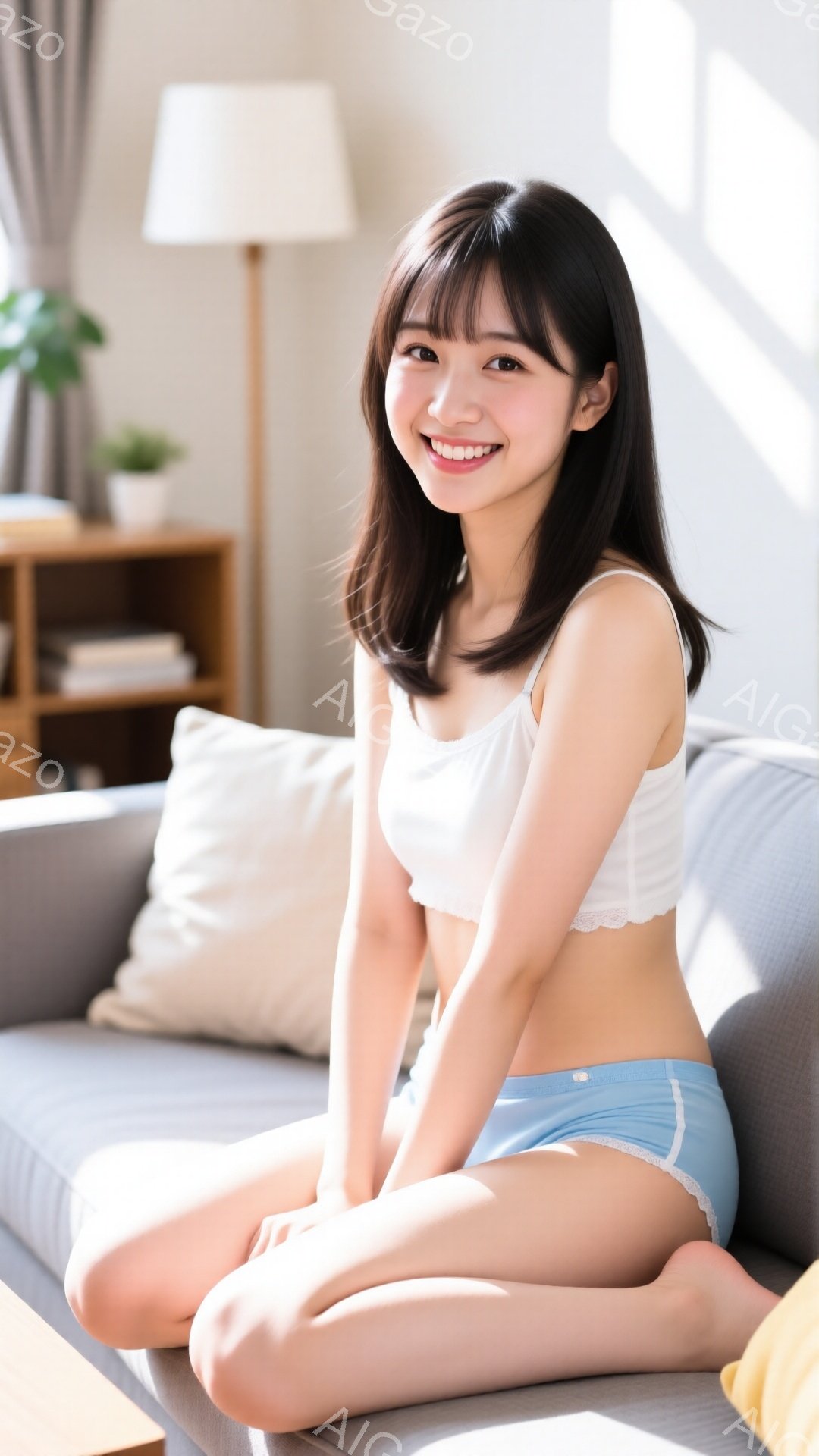 黒髪で前髪を少し短くした女性が、白いキャミソールと水色のショートパンツ姿で、グレーのソファに座っています。彼女は微笑んでおり、リラックスした表情でカメラを見ています。背景には木製の棚と植物、そして自然 - AI生成フリー素材