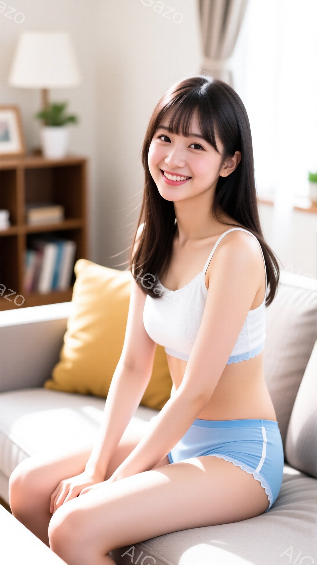 黒髪で前髪のある若い女性が、オフホワイトのキャミソールと水色の下着姿でソファに座っています。彼女は微笑んでおり、リラックスした雰囲気で、背景には本棚やクッションが見えます。室内は明るく、全体的に穏やか - AI生成フリー素材