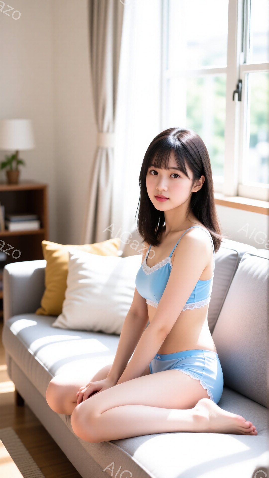 明るいリビングルームのソファに座る若い女性が写っています。ブルーのレース付きブラとショーツを身につけ、足はむき出しで、黒髪のボブヘアは肩にかかっています。彼女はわずかに微笑み、リラックスした表情で正面を見ています。