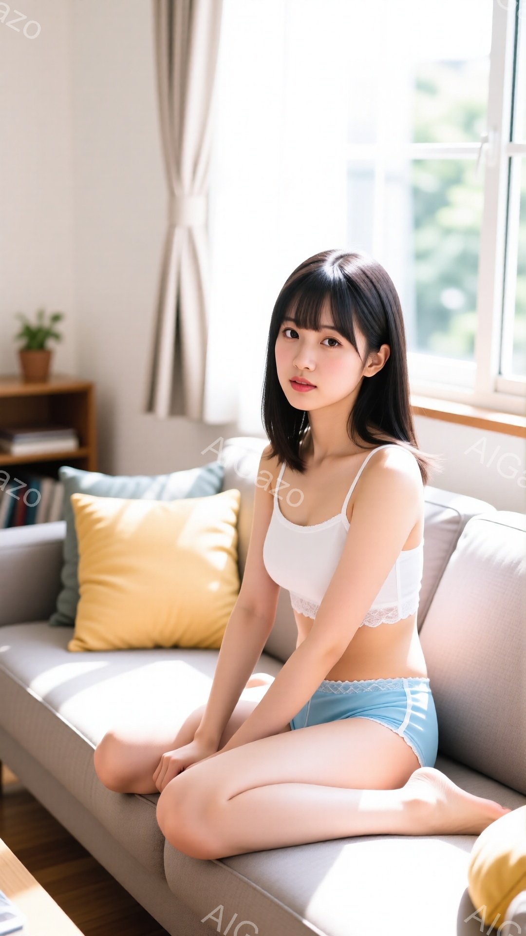明るいリビングルームに座っている若い女性が写っています。彼女は白いレースのトリムが付いたキャミソールと水色のショートパンツを身につけており、黒髪のセミロングヘアで、少し微笑んでいます。背景にはベージュ - AI生成フリー素材