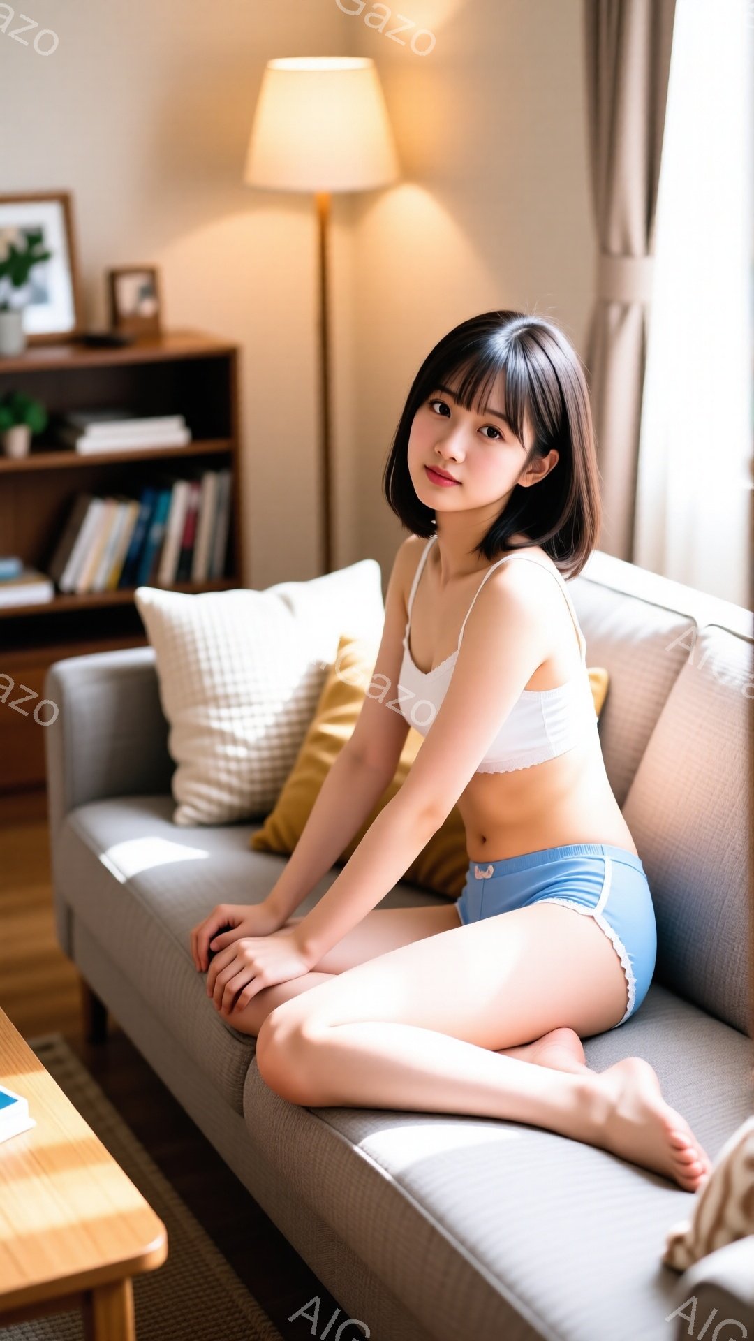 短い茶色の髪で前髪がぱっつんの女性が、灰色のソファに座っています。白いキャミソールと縞模様の青いショーツ姿で、足を組んでリラックスした様子です。背景には本棚やランプが見え、明るく暖かみのあるリビングルームの雰囲気です。