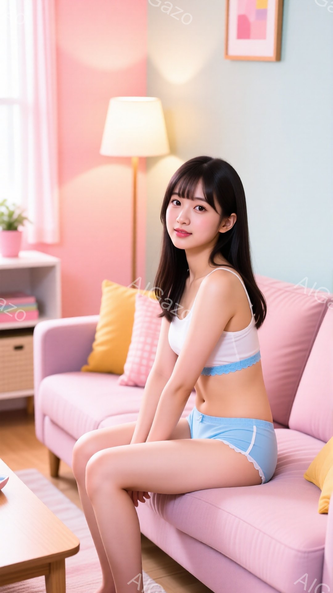 黒髪で前髪のある若い女性がピンク色のソファに座っています。白いレースのブラと水色の短いパンツを身に着け、リラックスした表情でカメラを見ています。背景には、木製のテーブル、黄色いクッション、絵画、そして少し見える本棚が見え、明るく居心地の良いリビングルームの雰囲気です。