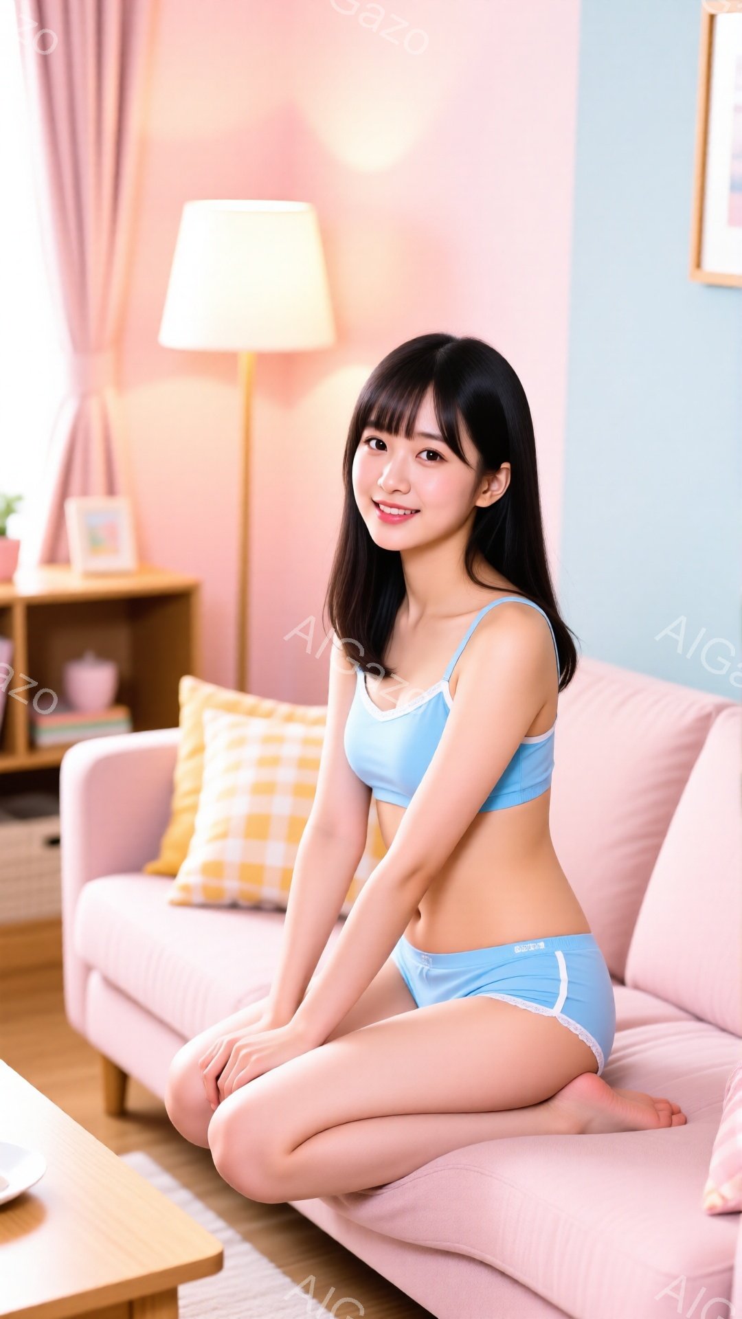 モデルは薄いブルーのキャミソールとショーツを身につけ、ピンク色のソファに座って微笑んでいます。彼女は黒髪で前髪が目にかかり、リラックスした表情をしています。背景には木製の棚とクッションがあり、部屋は明 - AI生成フリー素材